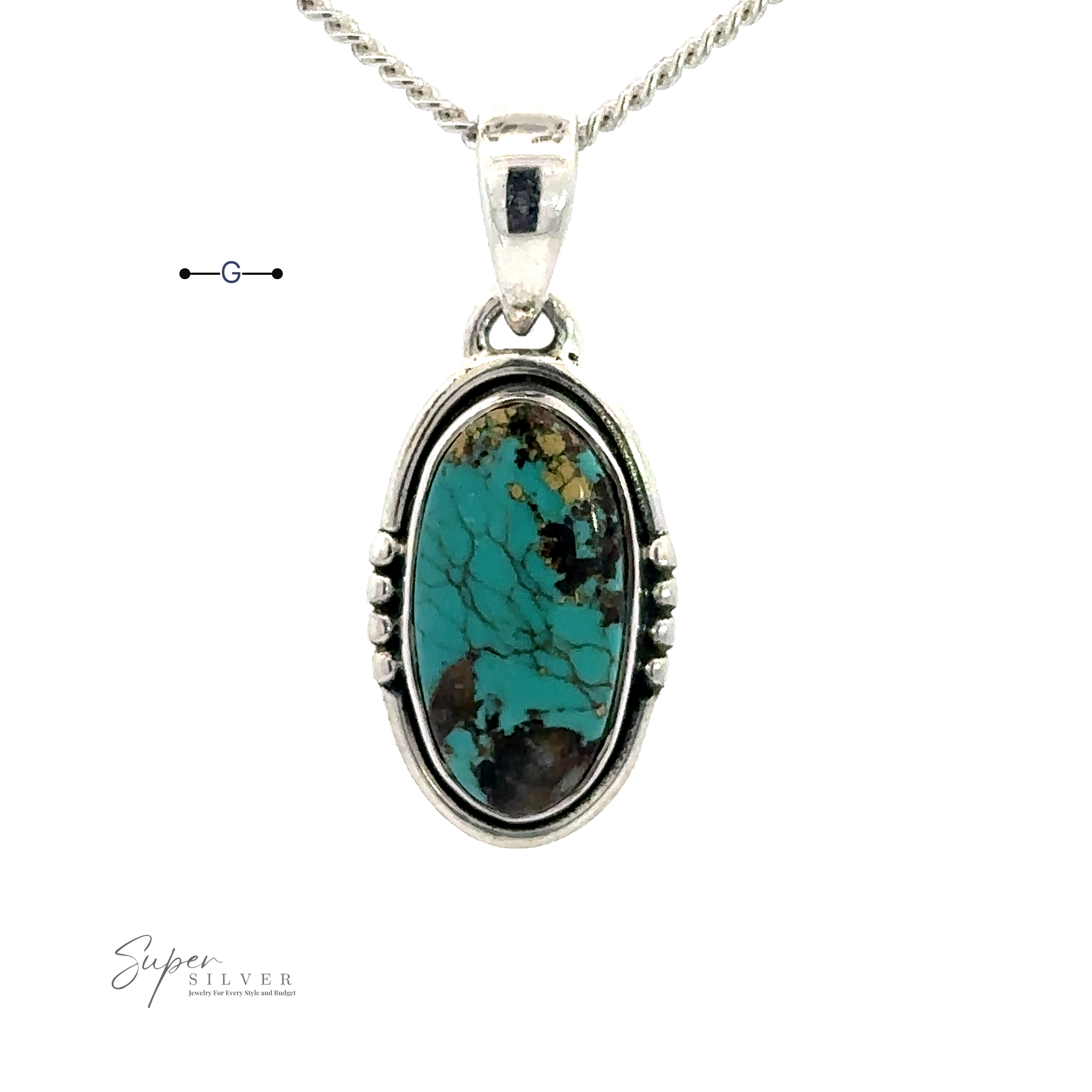 A handmade sterling silver necklace with a Natural Turquoise Elongated Oval Pendant featuring an oval stone with black and brown veining. The pendant has decorative elements surrounding the stone, and the brand logo "Super Silver" is visible.