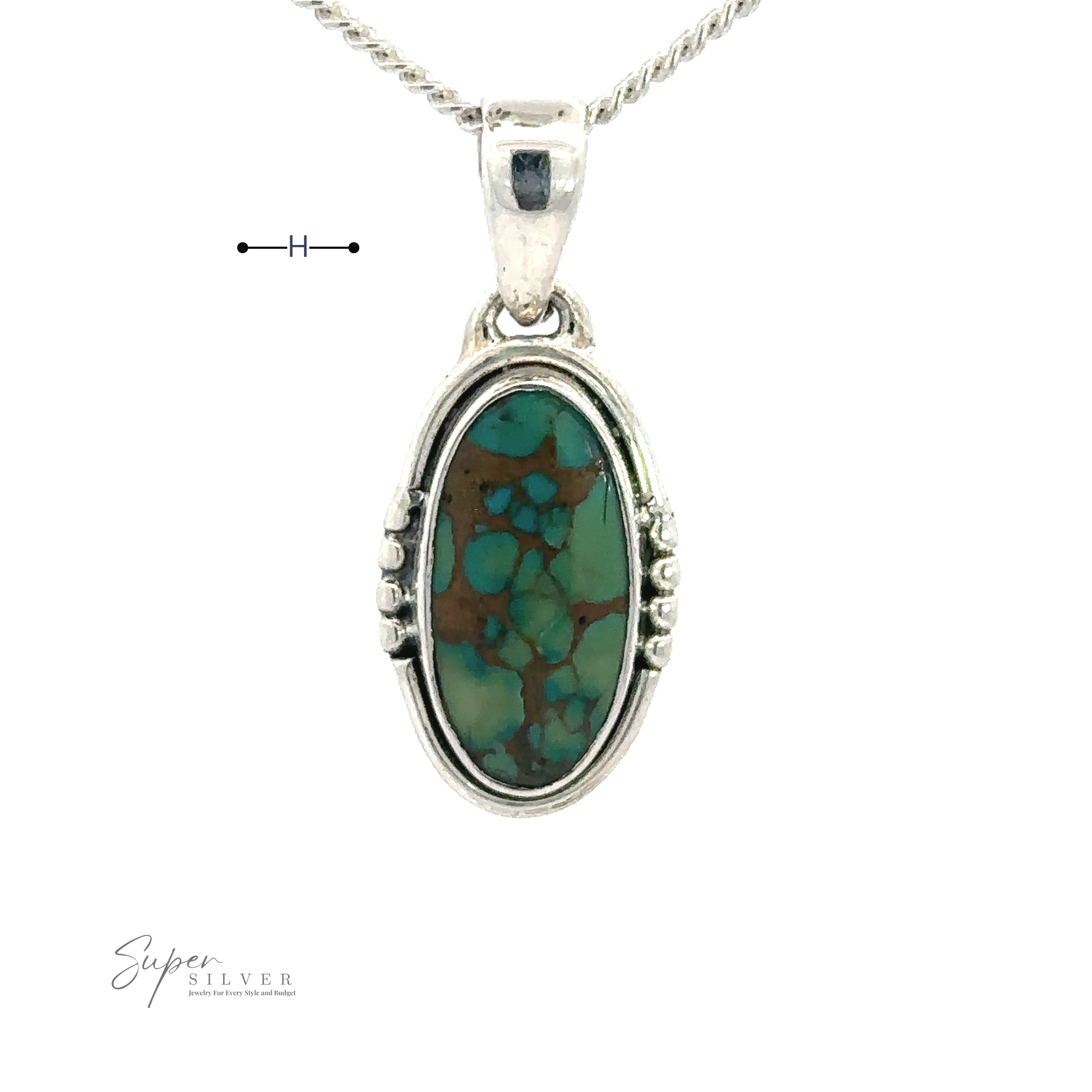 A handmade .925 sterling silver pendant with an oval natural turquoise stone on a twisted silver chain. The stone features a mix of green and brown patterns. The pendant is labeled "Natural Turquoise Elongated Oval Pendant" at the bottom left.