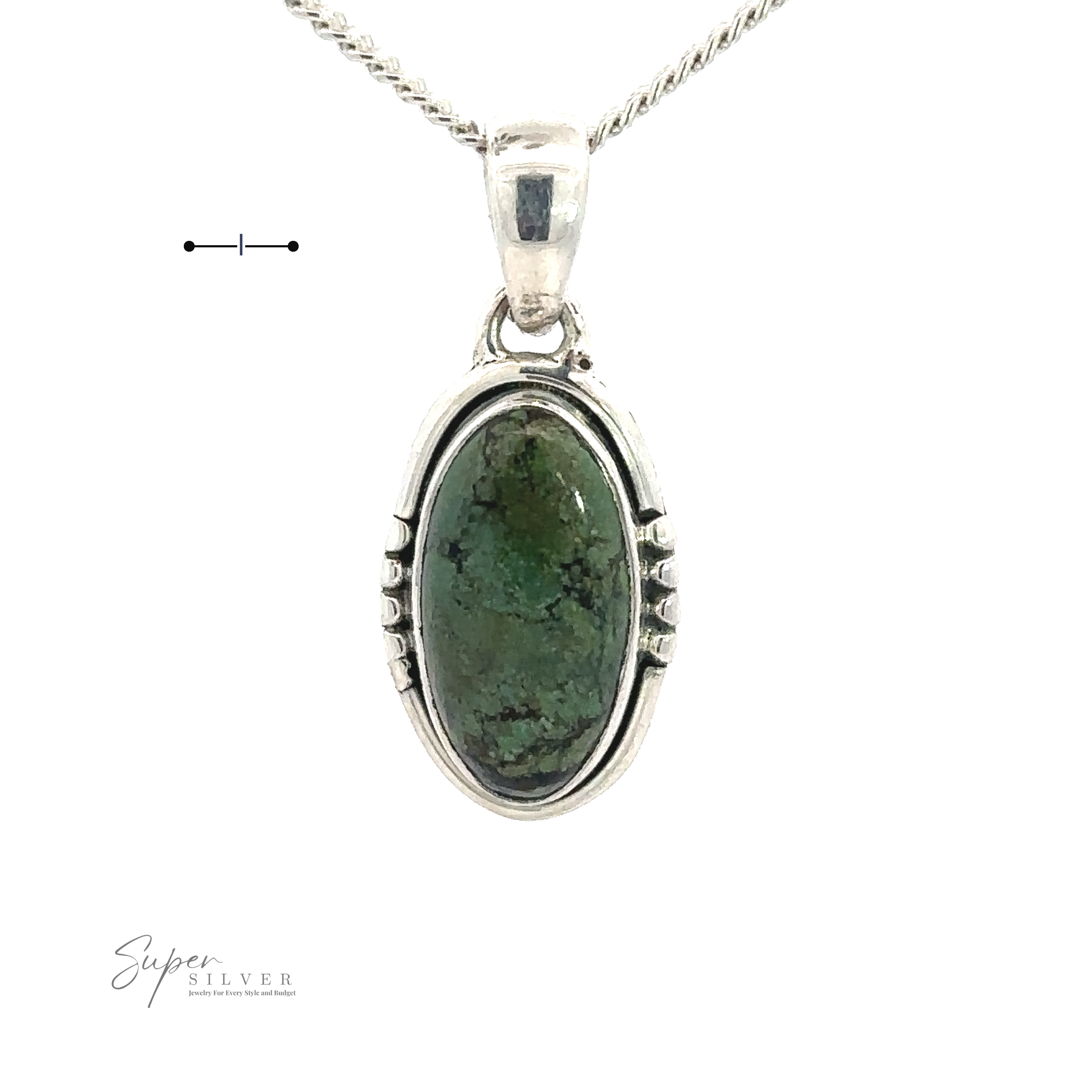 A silver necklace featuring a Natural Turquoise Elongated Oval Pendant with intricate detailing handcrafted from .925 sterling silver. The chain is of a rope design. The "Super Silver" logo appears at the bottom left.