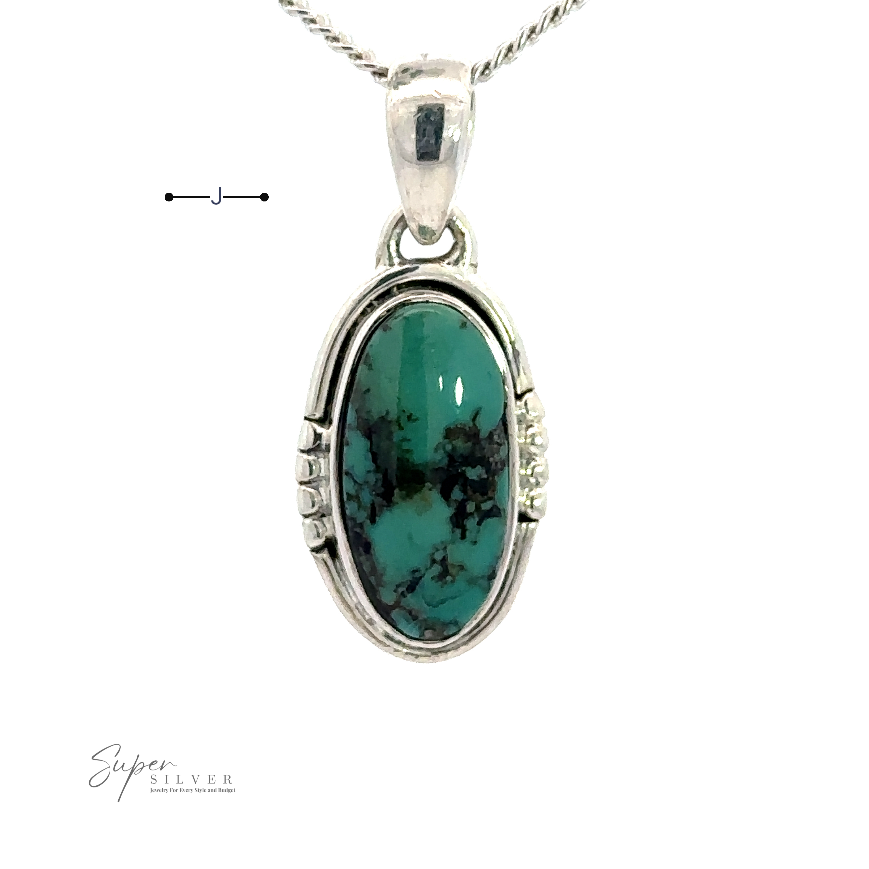 An elegant Natural Turquoise Elongated Oval Pendant set in handmade .925 sterling silver on a matching chain. The natural turquoise stone is beautifully complemented by an intricate design.