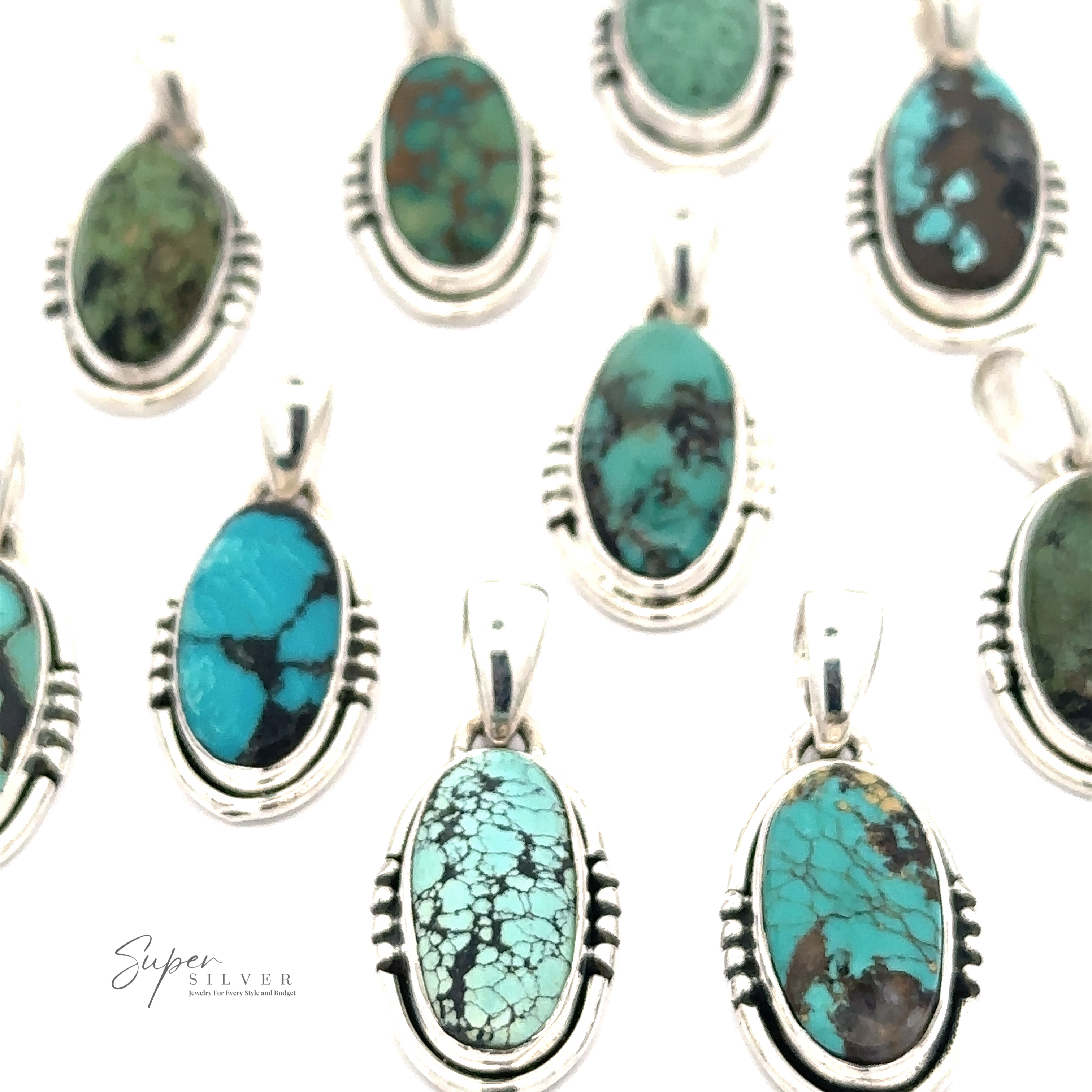 A collection of Natural Turquoise Elongated Oval Pendant with .925 Sterling Silver settings. Various shades of blue and green stones with different patterns are displayed on a white background, showcasing the beauty of natural turquoise.