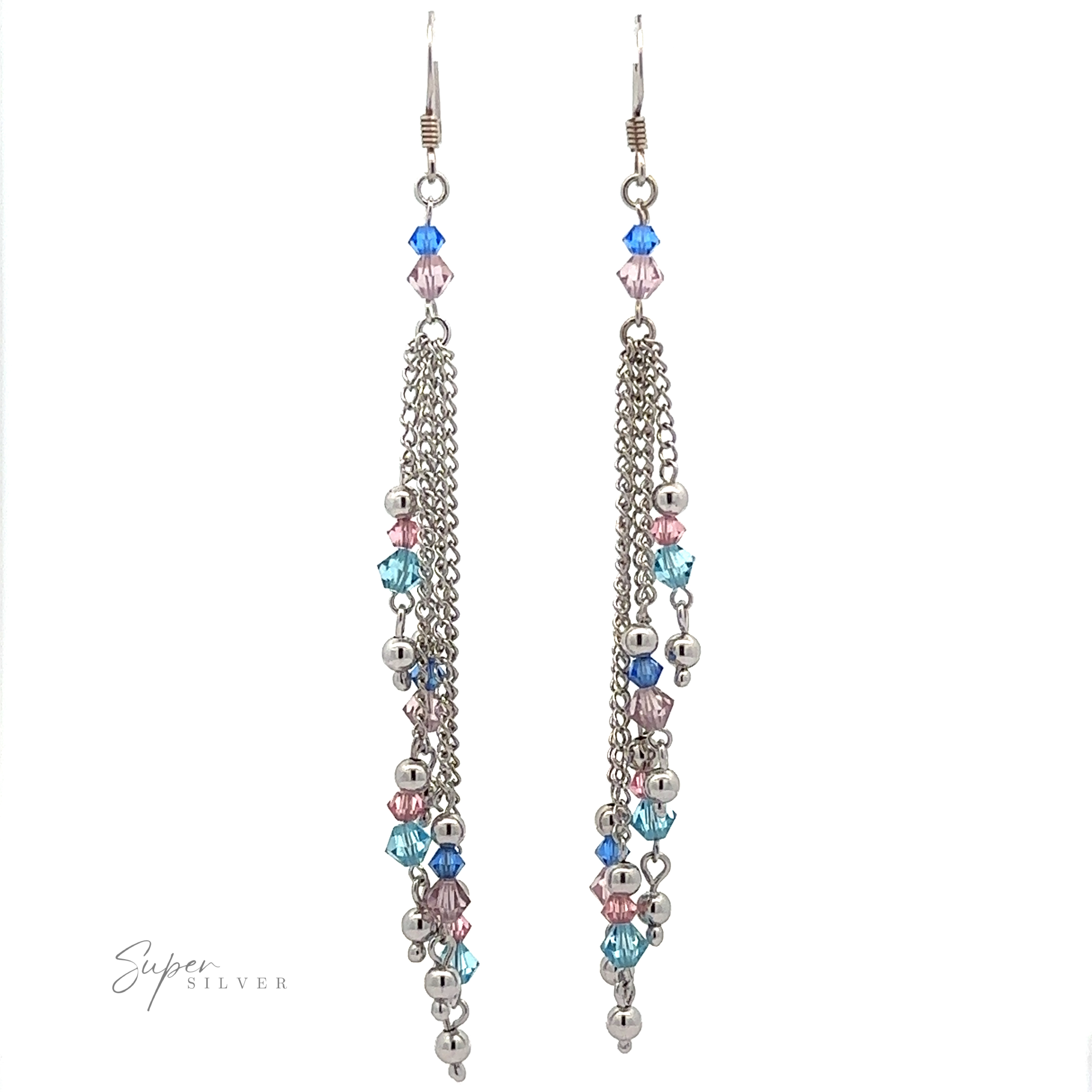 A pair of long, dangling Layered Earrings with Multicolored Beads adorned with elegant blue, pink, and purple beads. The image has a white background.