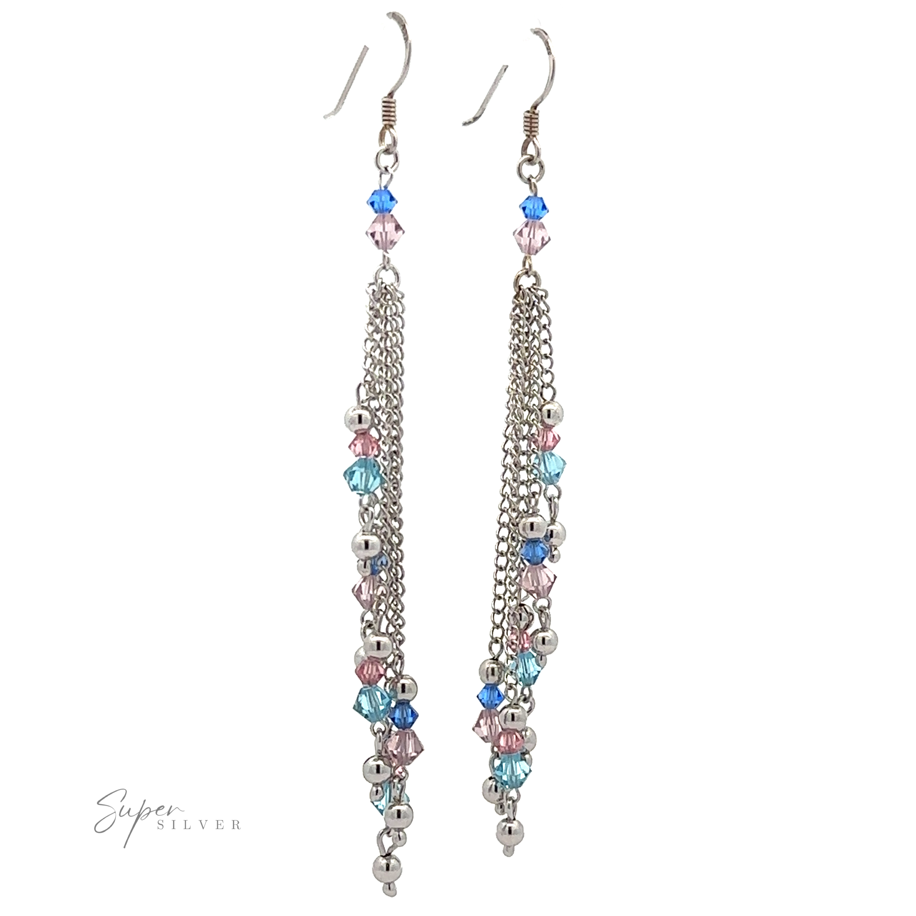 Layered Earrings with Multicolored Beads: Elegant long dangle earrings with rhodium-plated sterling silver chains and blue, pink, and clear multicolored beads, arranged in a cascading pattern.