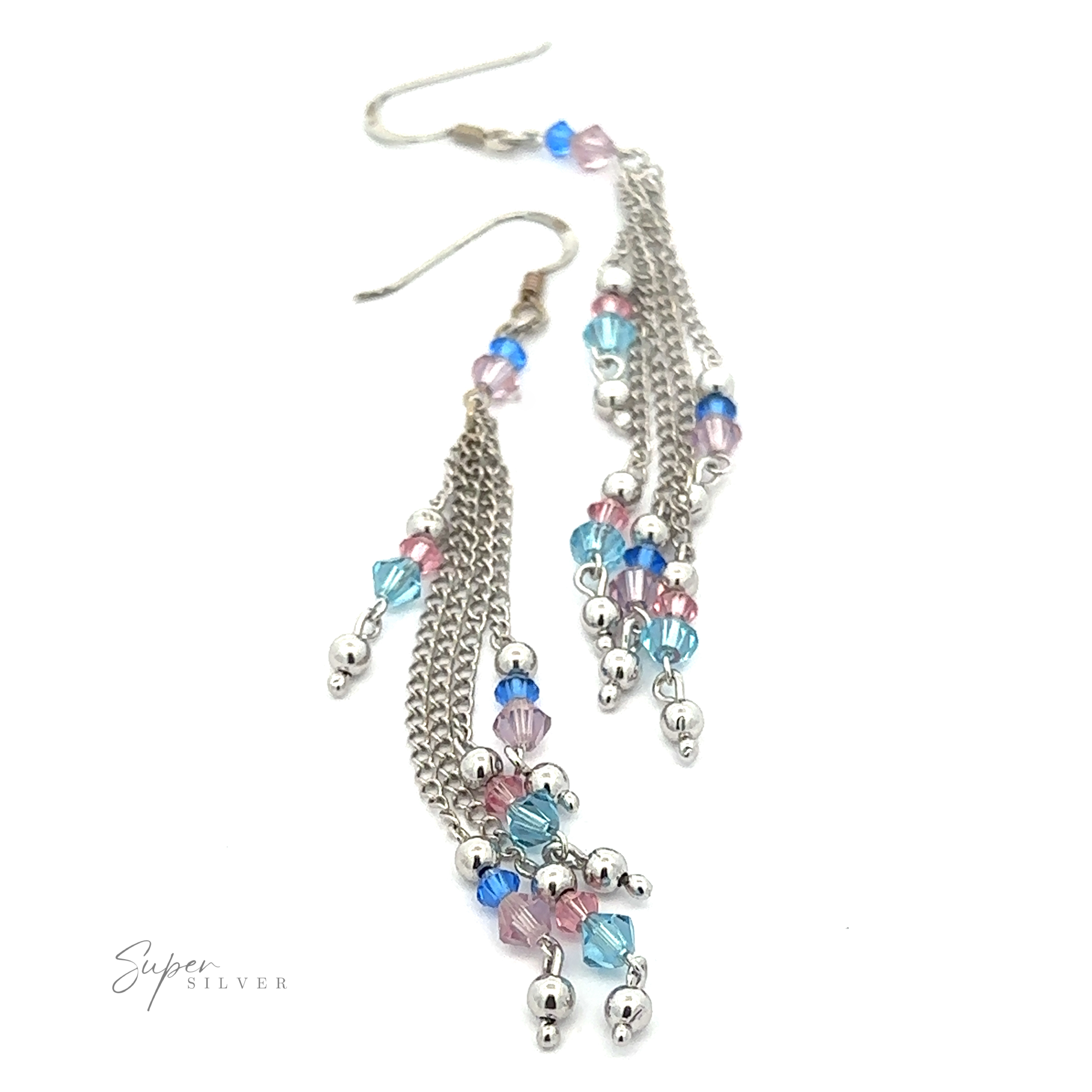 A pair of Layered Earrings with Multicolored Beads features multiple sterling silver chains adorned with small pink, blue, and clear multicolored beads. The earrings are arranged on a white background with the logo "Super Silver" visible.