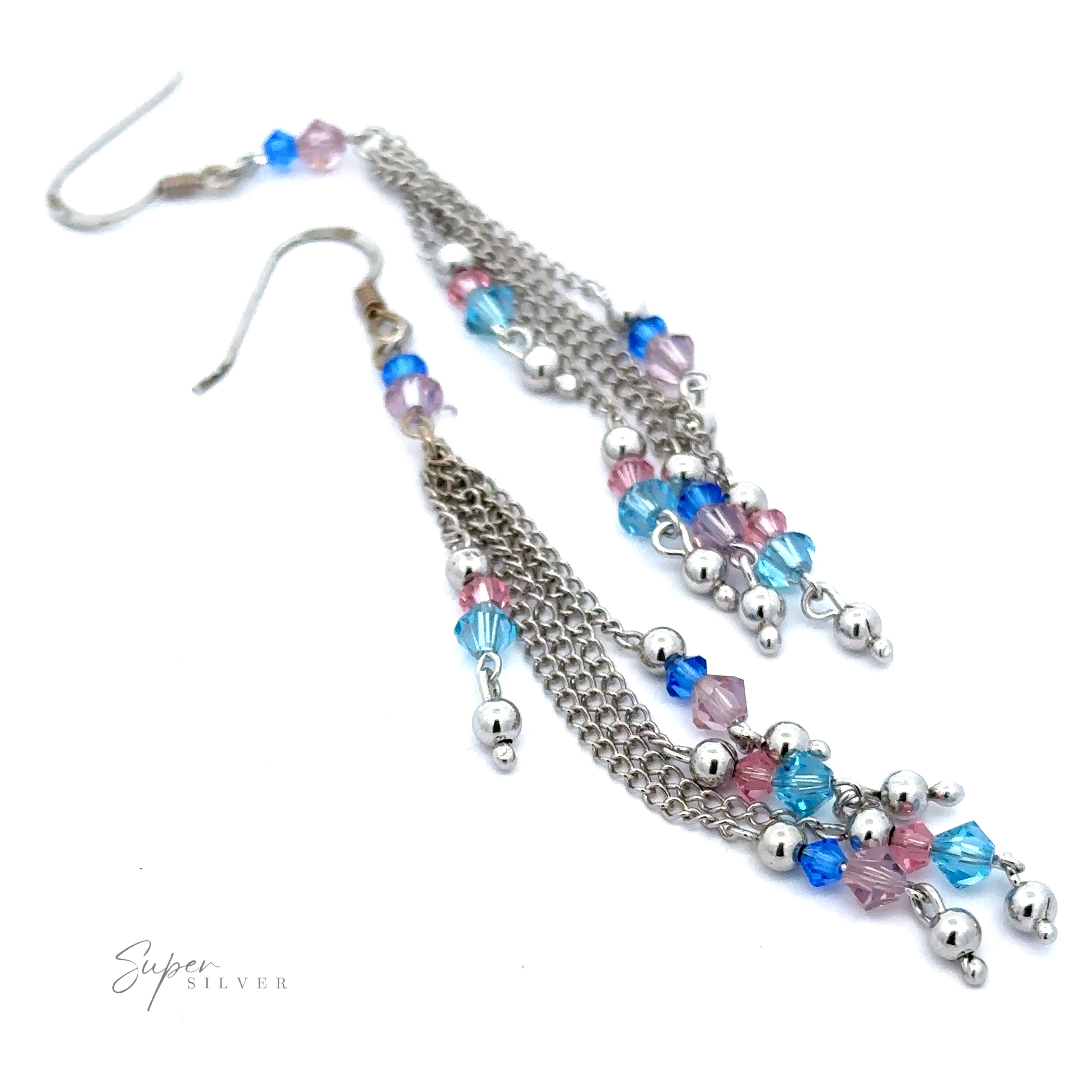 A pair of Layered Earrings with Multicolored Beads adorned with elegant multicolored beads in blue, pink, and purple, featuring a hook for pierced ears. The brand "Super Silver" is visible in the corner.