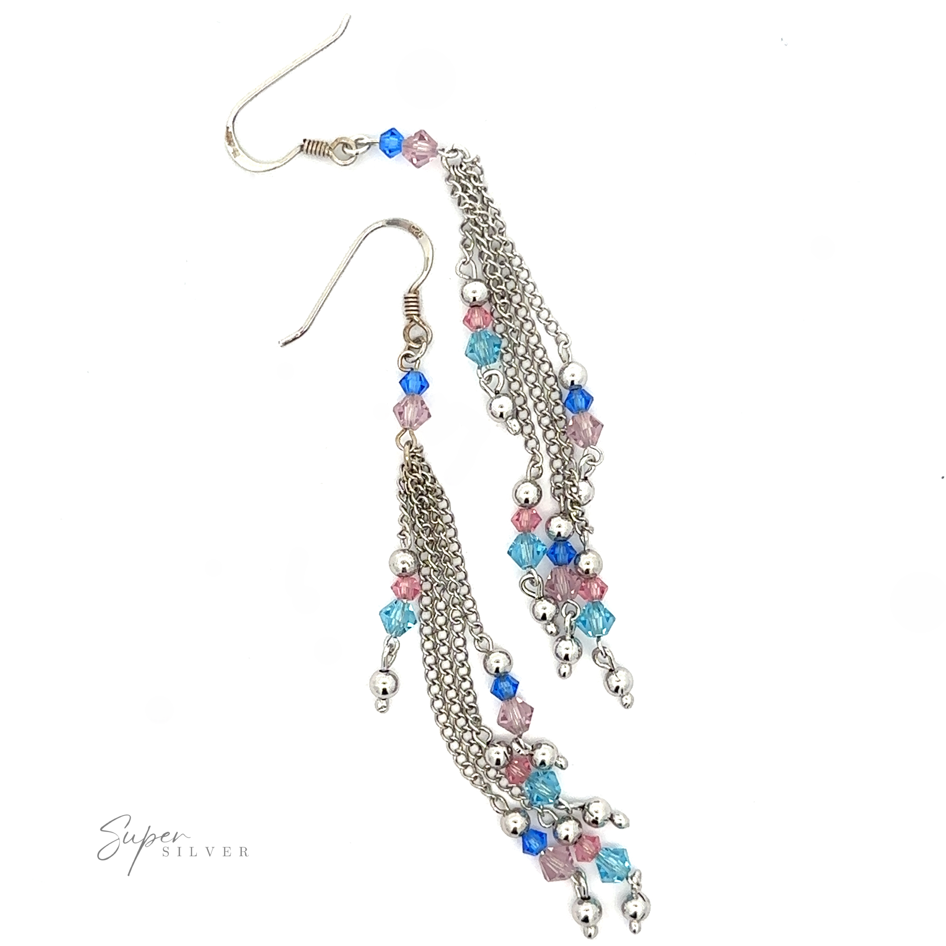 A pair of Layered Earrings with Multicolored Beads adorned with pink, blue, and silver multicolored beads on sterling silver chains. The earrings have hooks for piercing.