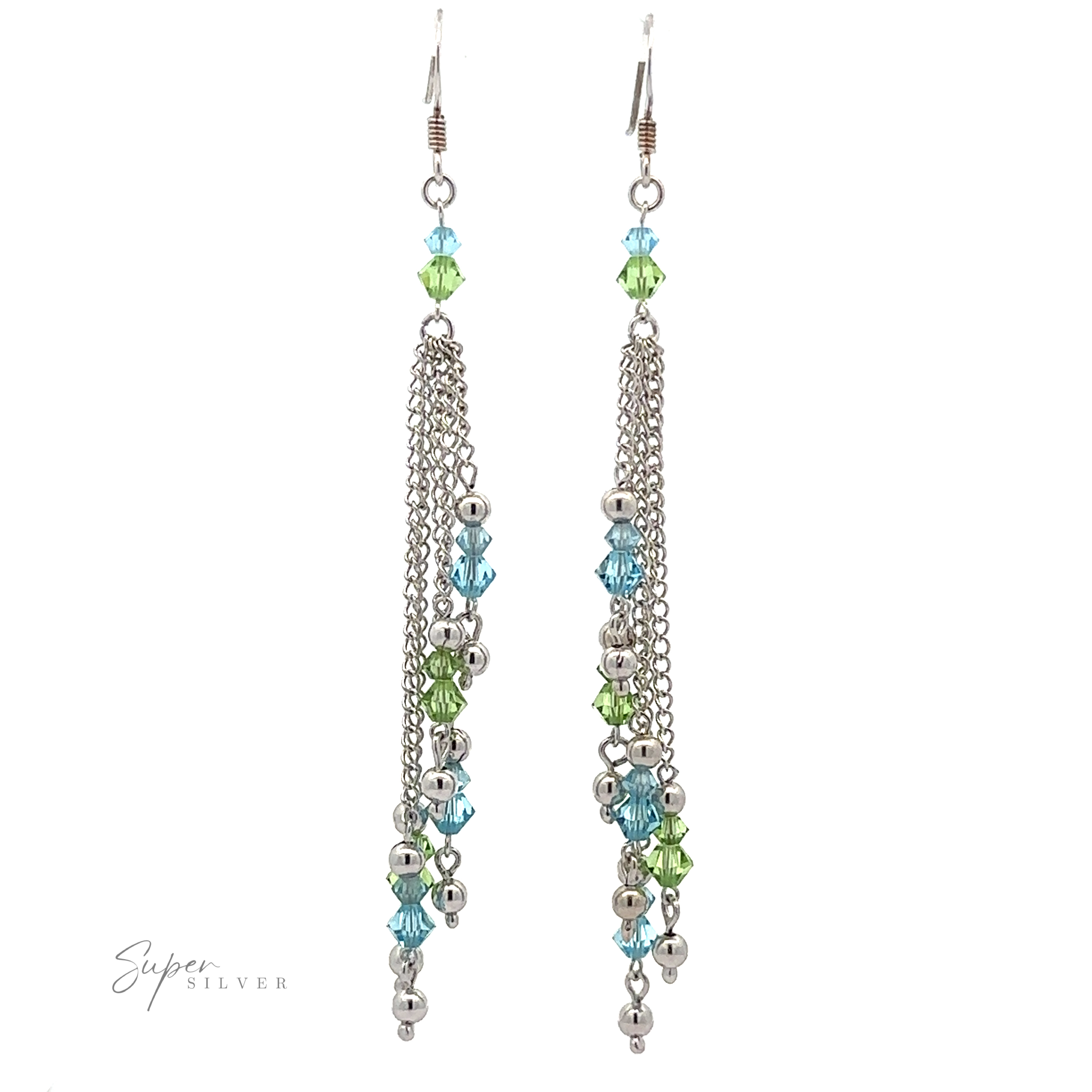 A pair of long, silver-tone chain earrings adorned with multicolored beads in green and blue hues, featuring "Layered Earrings with Multicolored Beads" branding in the lower-left corner.