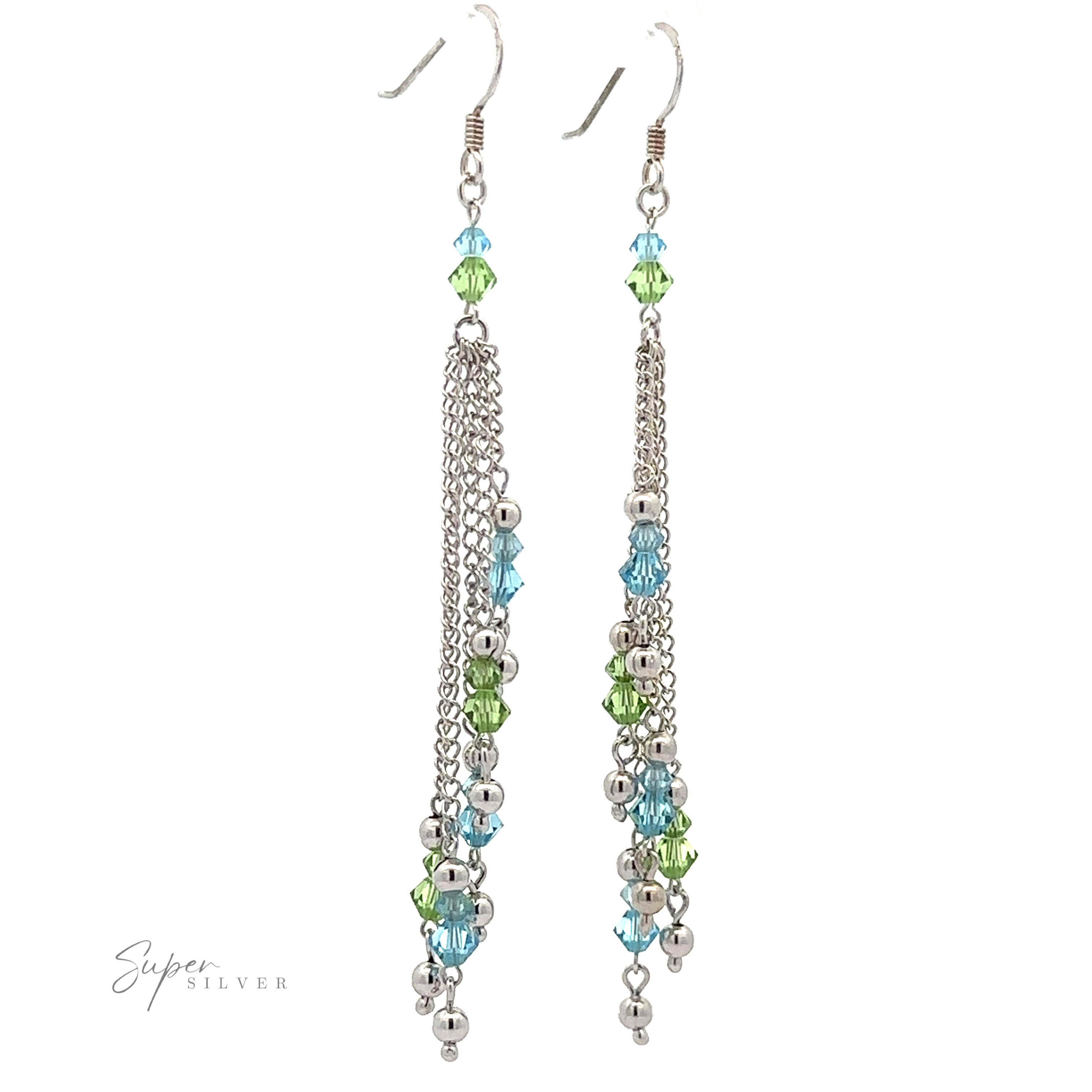 Layered Earrings with Multicolored Beads featuring a chain design in rhodium-plated sterling silver.