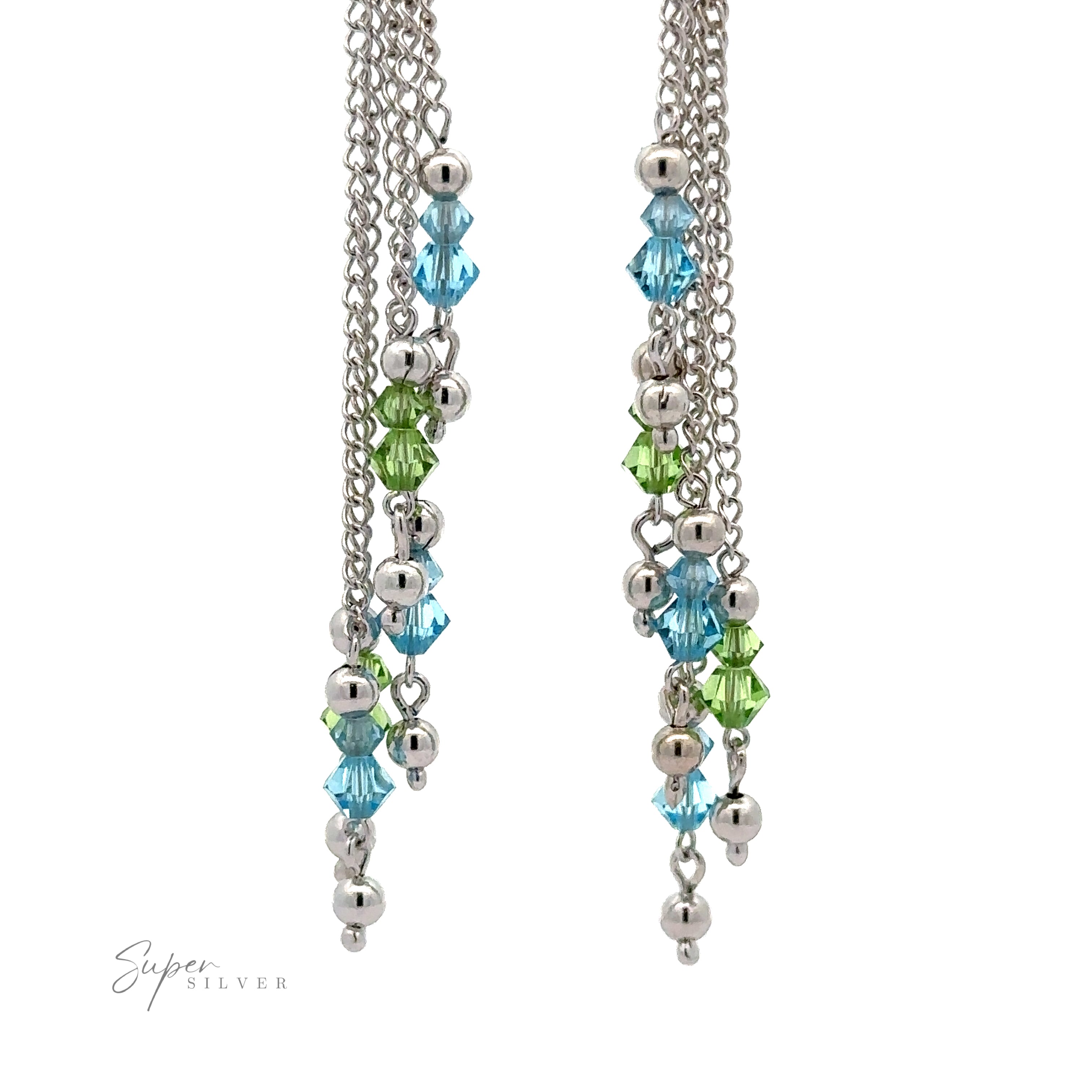 A pair of Layered Earrings with Multicolored Beads featuring silver chains and clustered light blue and green multicolored beads, accented by small silver spheres, all crafted from rhodium-plated sterling silver. Set against a white background.
