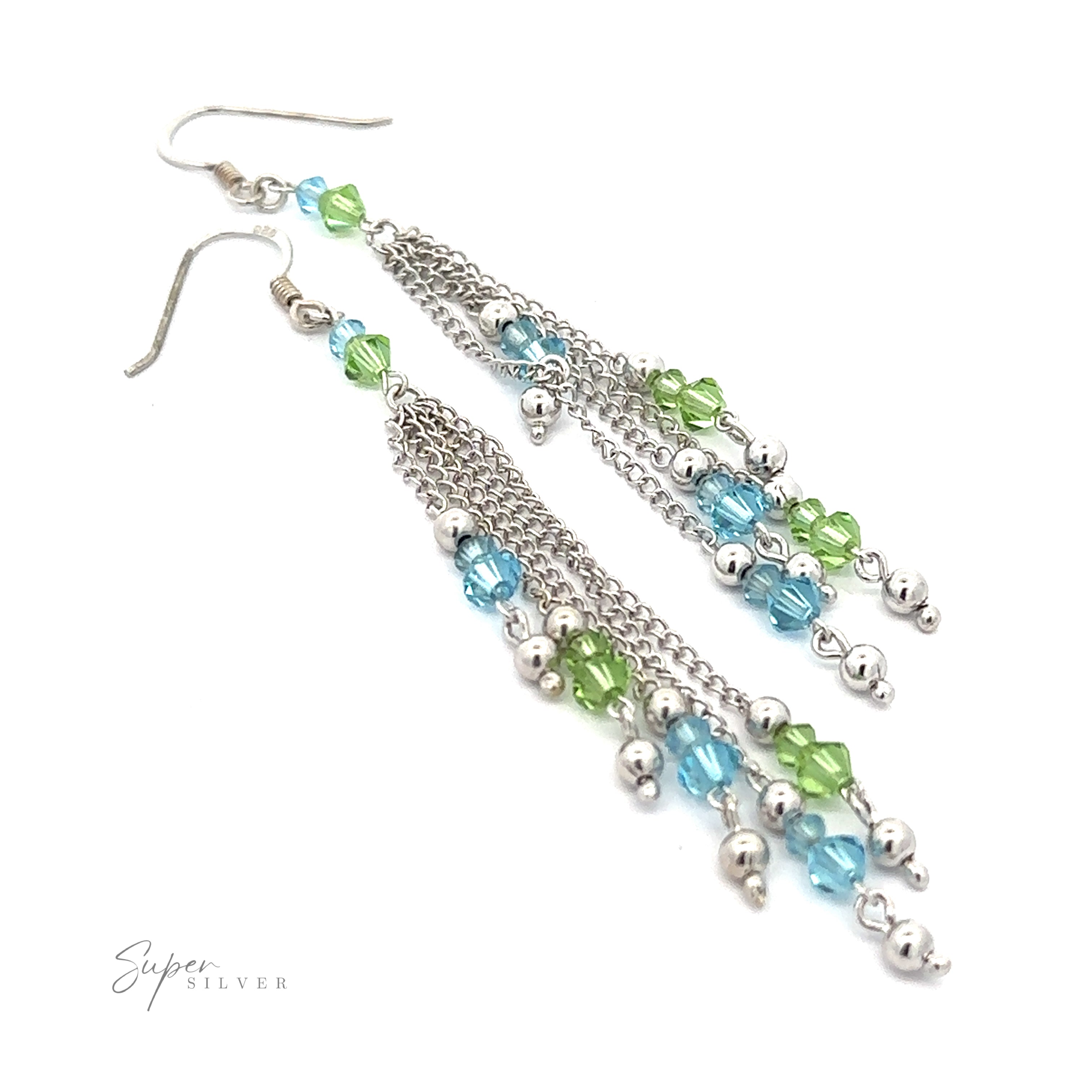 A pair of Layered Earrings with Multicolored Beads, crafted from rhodium-plated sterling silver, featuring delicate chains adorned with small multicolored beads in blue, green, and silver.