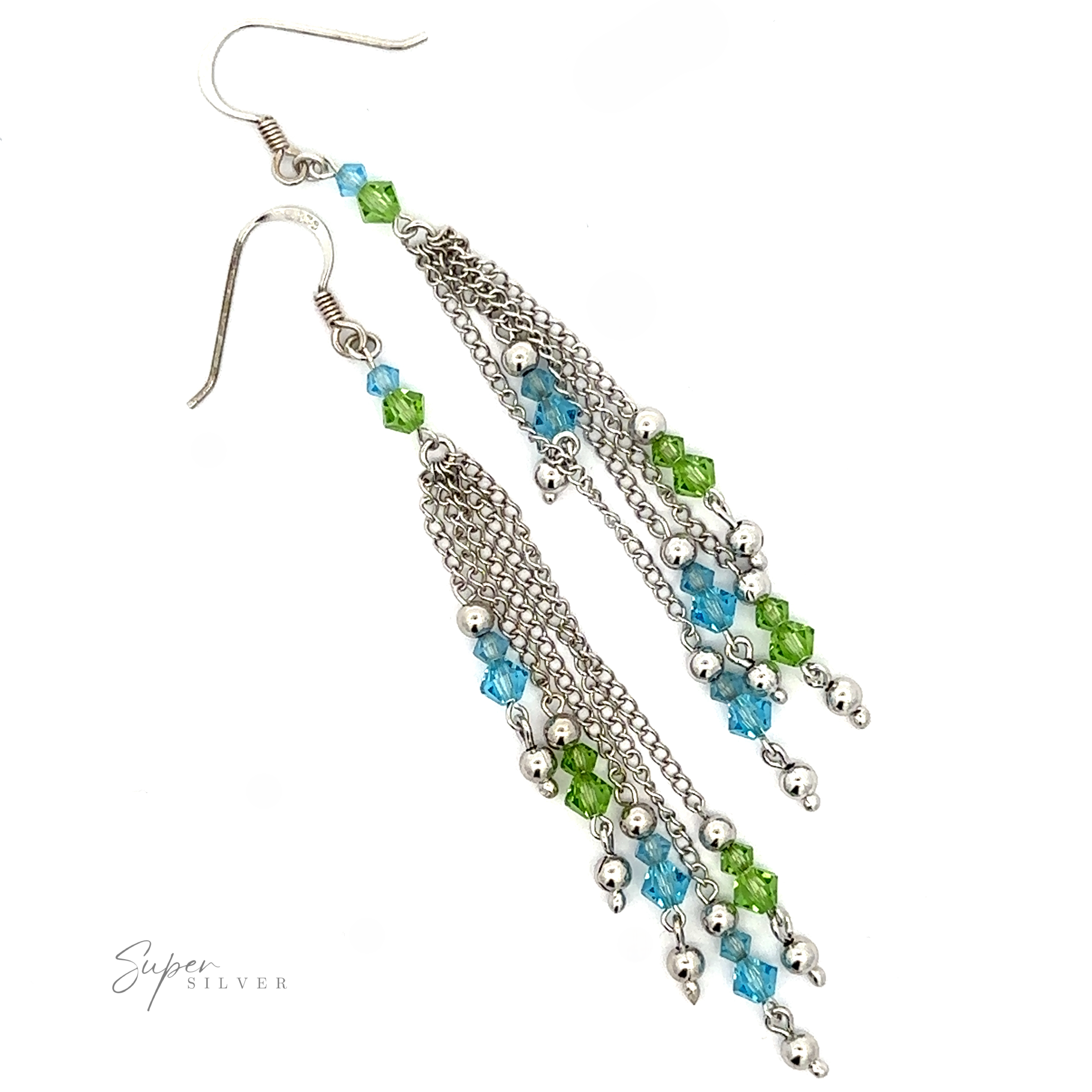 A pair of Layered Earrings with Multicolored Beads with blue, green, and clear crystal beads and multiple chains on a white background. The "Super Silver" logo is in the bottom left corner.