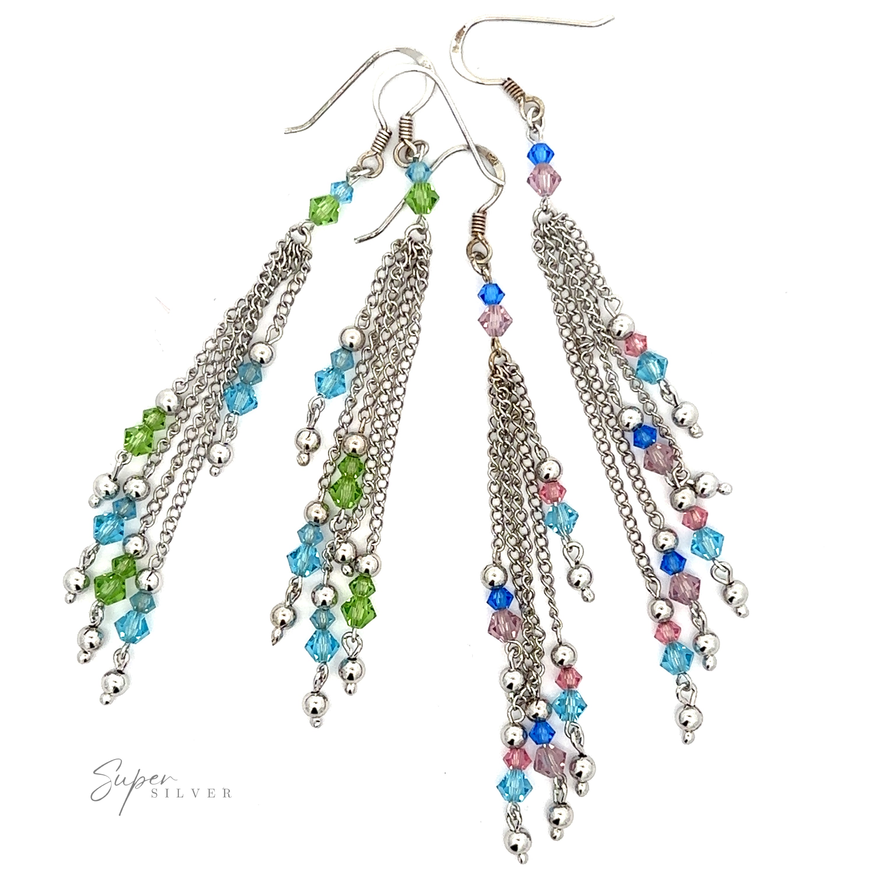 Four Layered Earrings with Multicolored Beads with multiple sterling silver chains and rhodium-plated, multicolored beads in blue, green, and pink. The chains end with small silver balls. Brand name "Super Silver" visible in the bottom left corner.