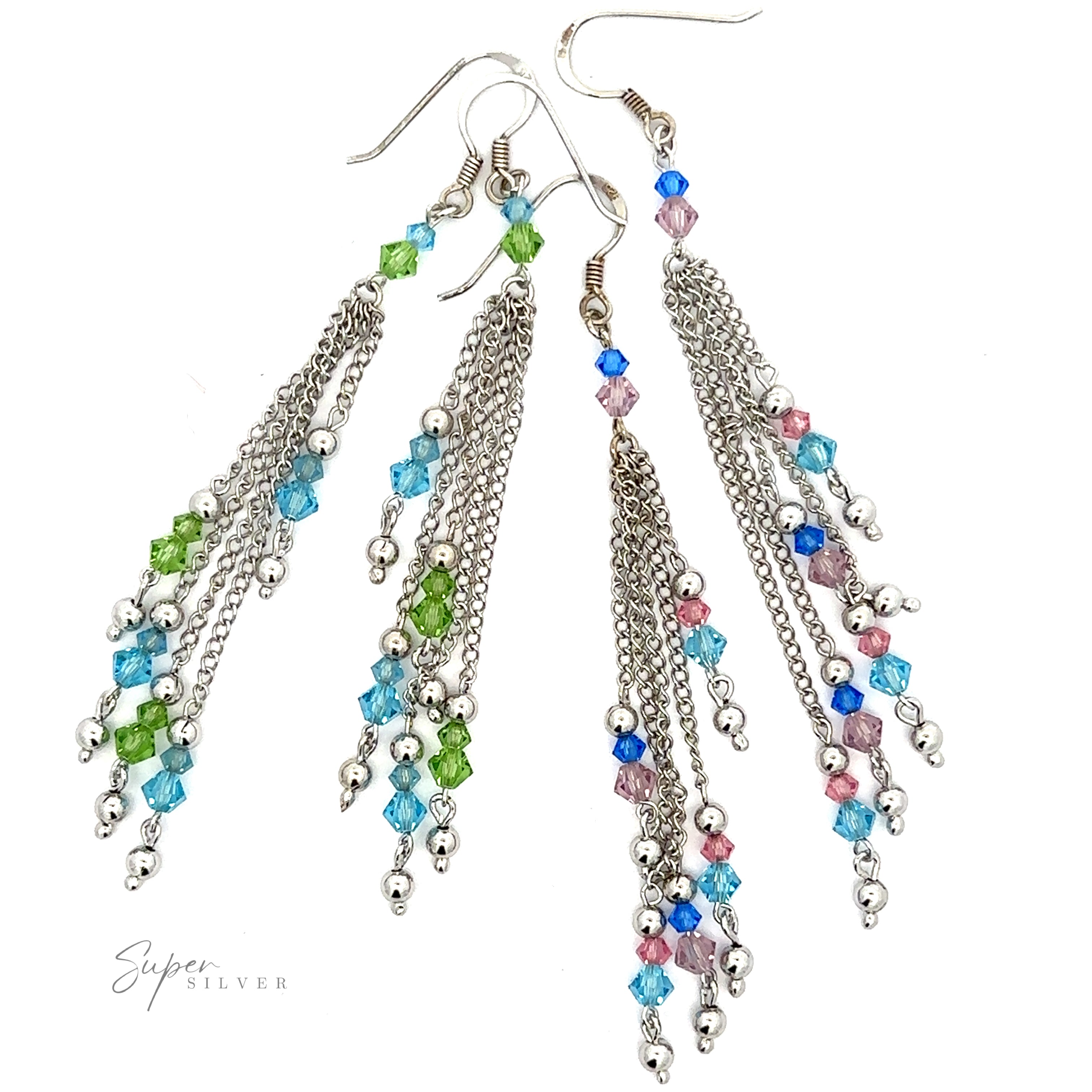 Layered Earrings with Multicolored Beads feature a sterling silver chain adorned with multicolored beads in blue, green, pink, and clear. Set against a white background.