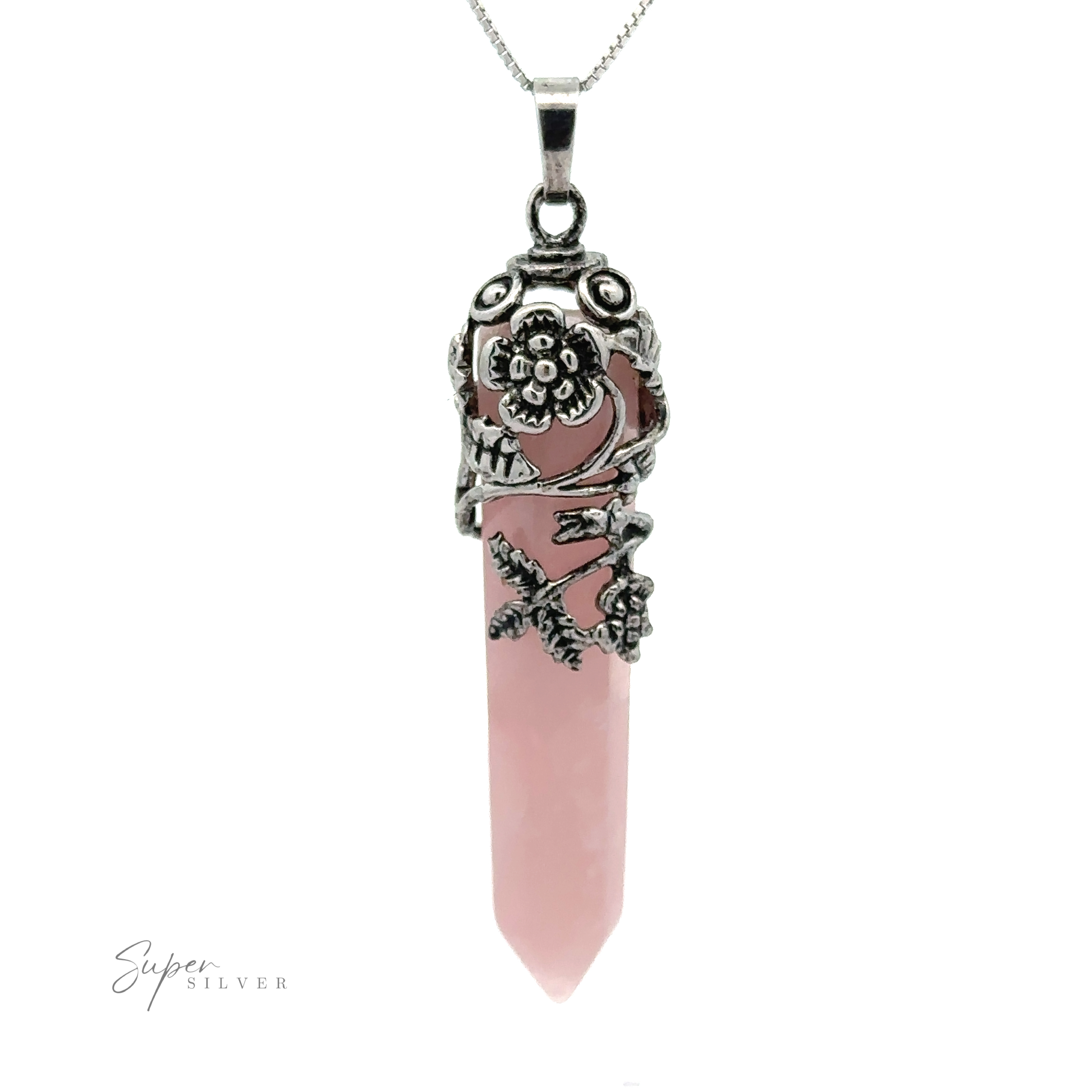 A Silver-Plated Flower Design Stone Pendant wrapped in intricate silver floral and vine designs hangs on a silver chain. Text "Super Silver" is in the bottom left corner.