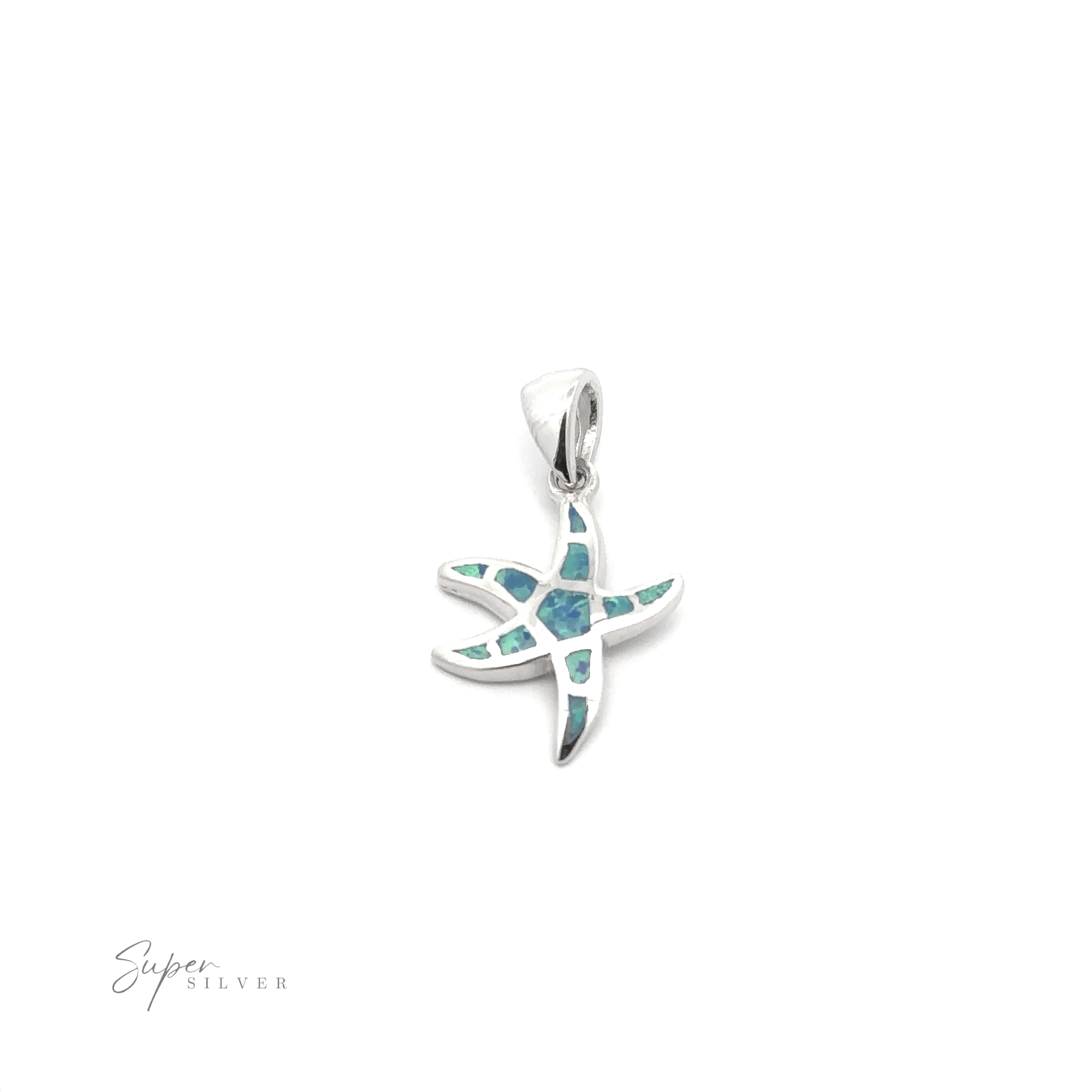 A Lab-Created Opal Sea Star Pendant featuring blue and green inlays on a white background, evoking oceanic magic.