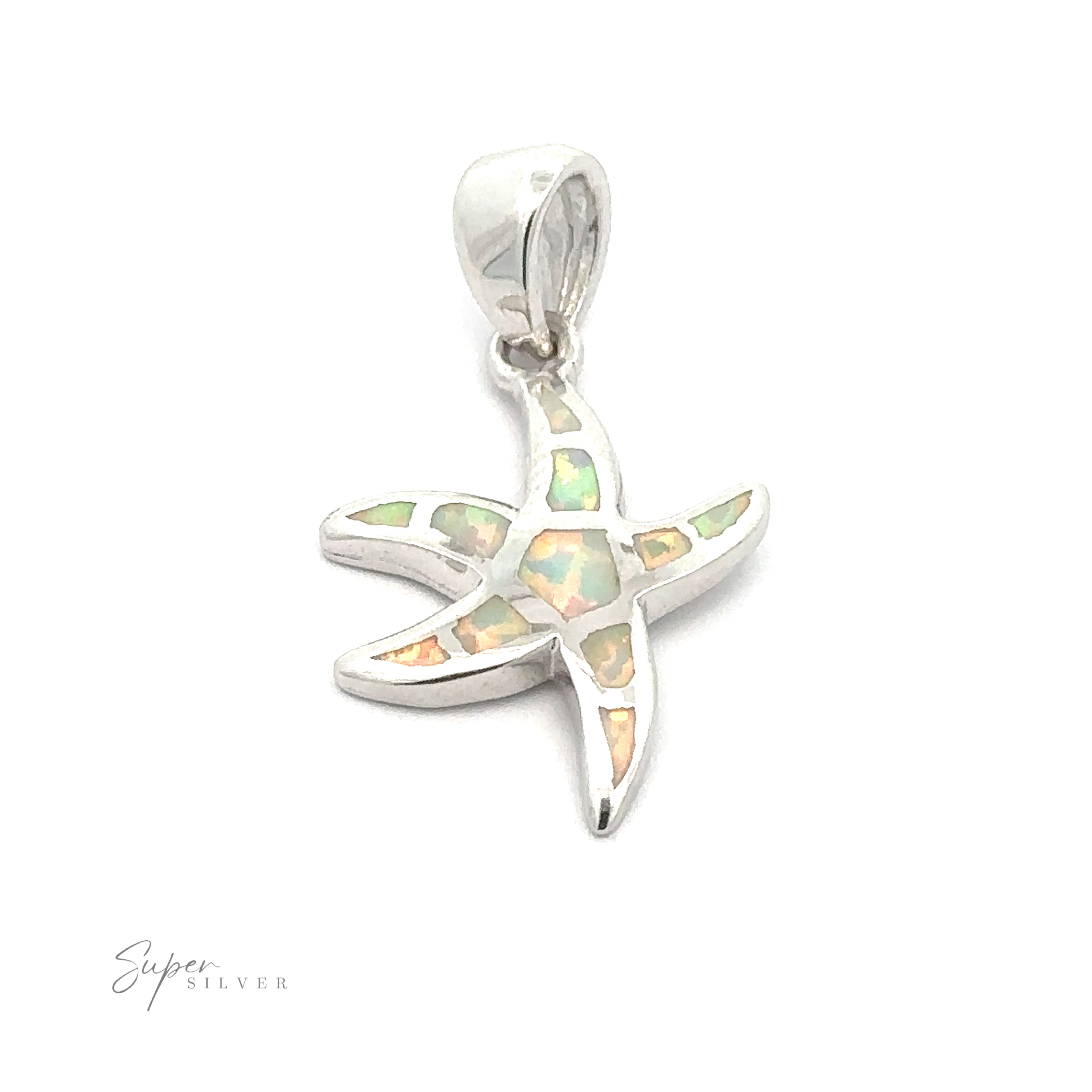 The Lab-Created Opal Sea Star Pendant showcases a mesmerizing opal mosaic inlay, set against a plain white background. The brand name "Super Silver" is elegantly displayed in the lower-left corner, encapsulating the enchantment of oceanic magic.