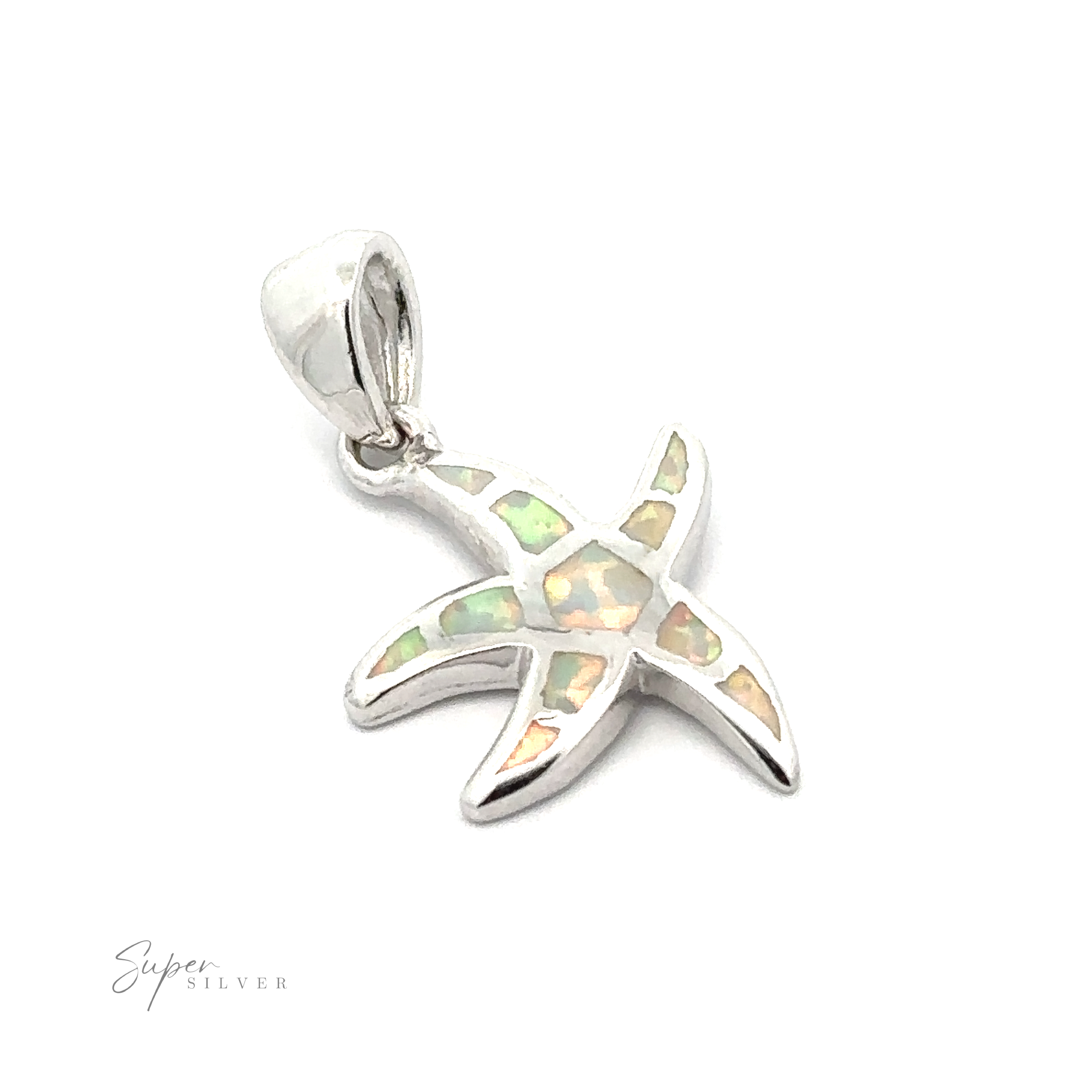 Lab-Created Opal Sea Star Pendant with iridescent lab-created opal inlay, featuring a small loop for attaching to a chain.