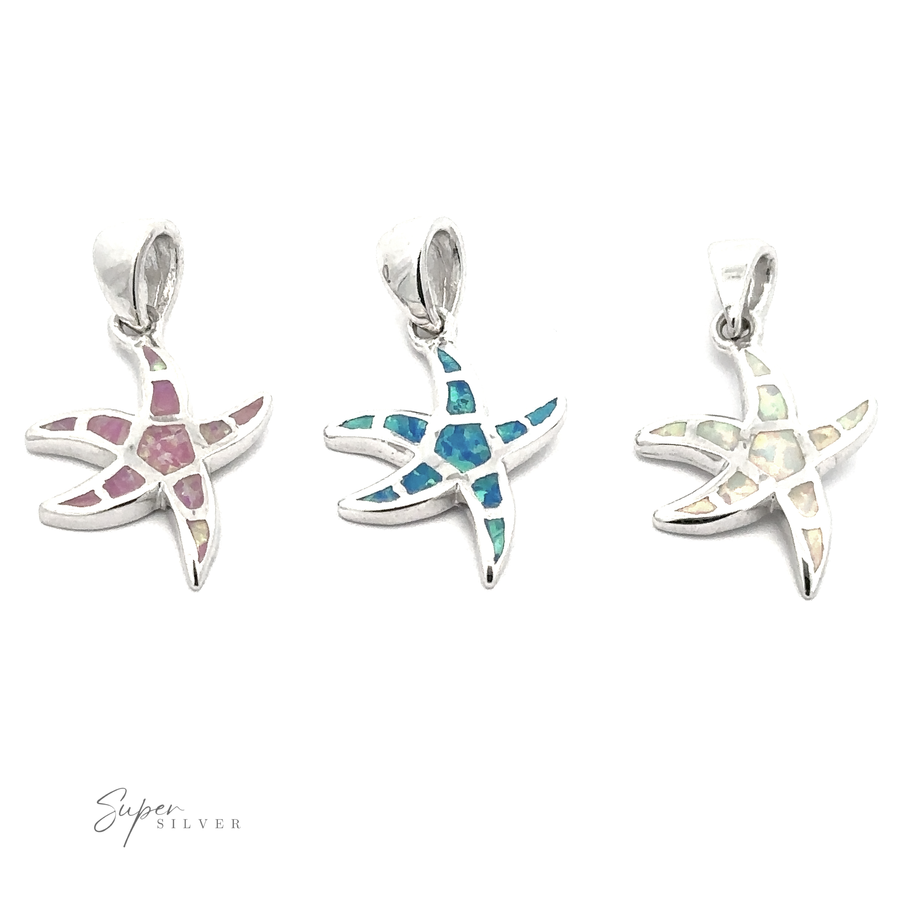 Three Lab-Created Opal Sea Star Pendants, each featuring a different colored inlay—pink, blue, and iridescent white—capture the essence of oceanic magic. Displayed on a pristine white background, the lab-created opal inlays shimmer with captivating beauty.