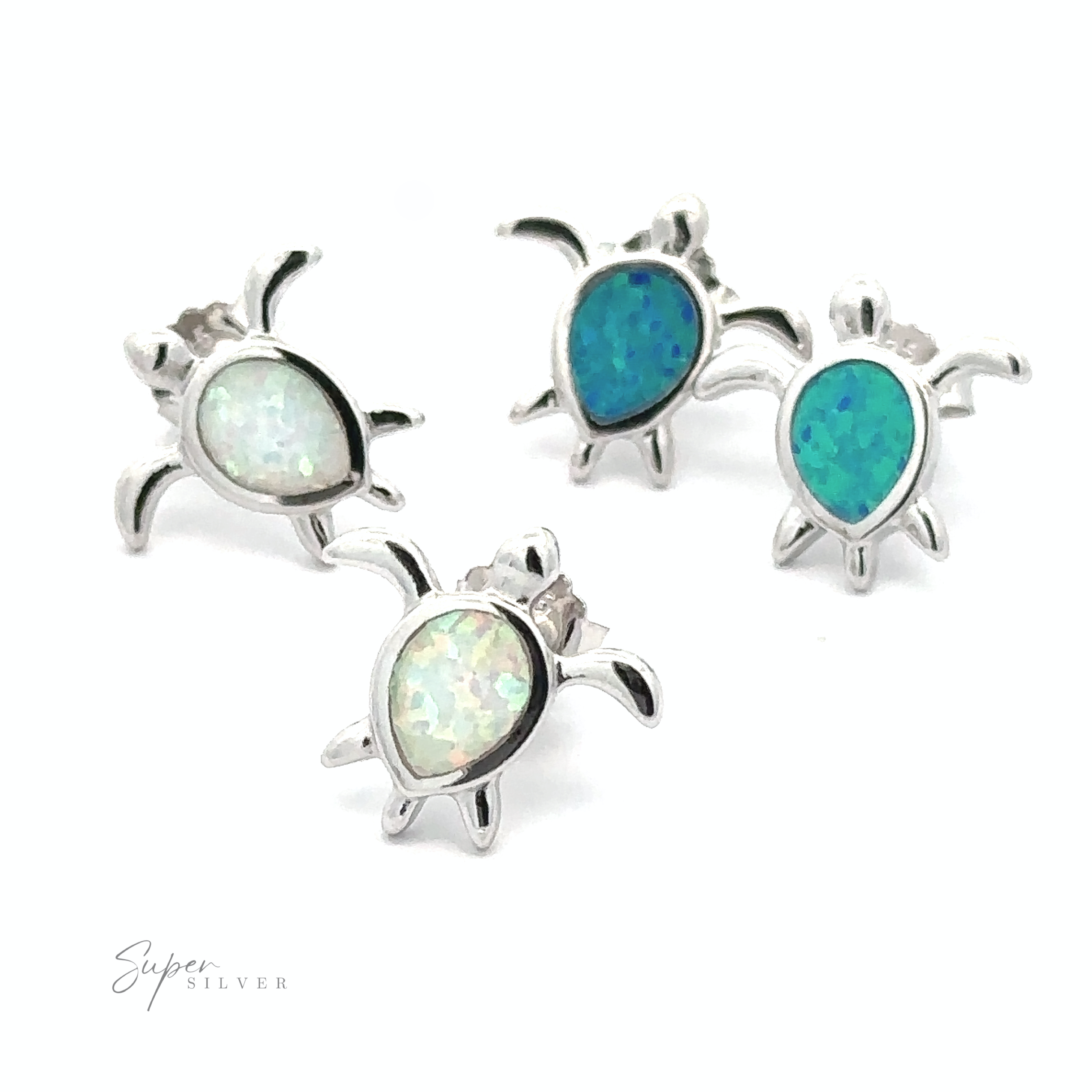 Four Simple Lab-Created Opal Turtle Studs crafted from sterling silver, featuring blue and white lab-created opal stones on a white background, labeled "Super Silver.
