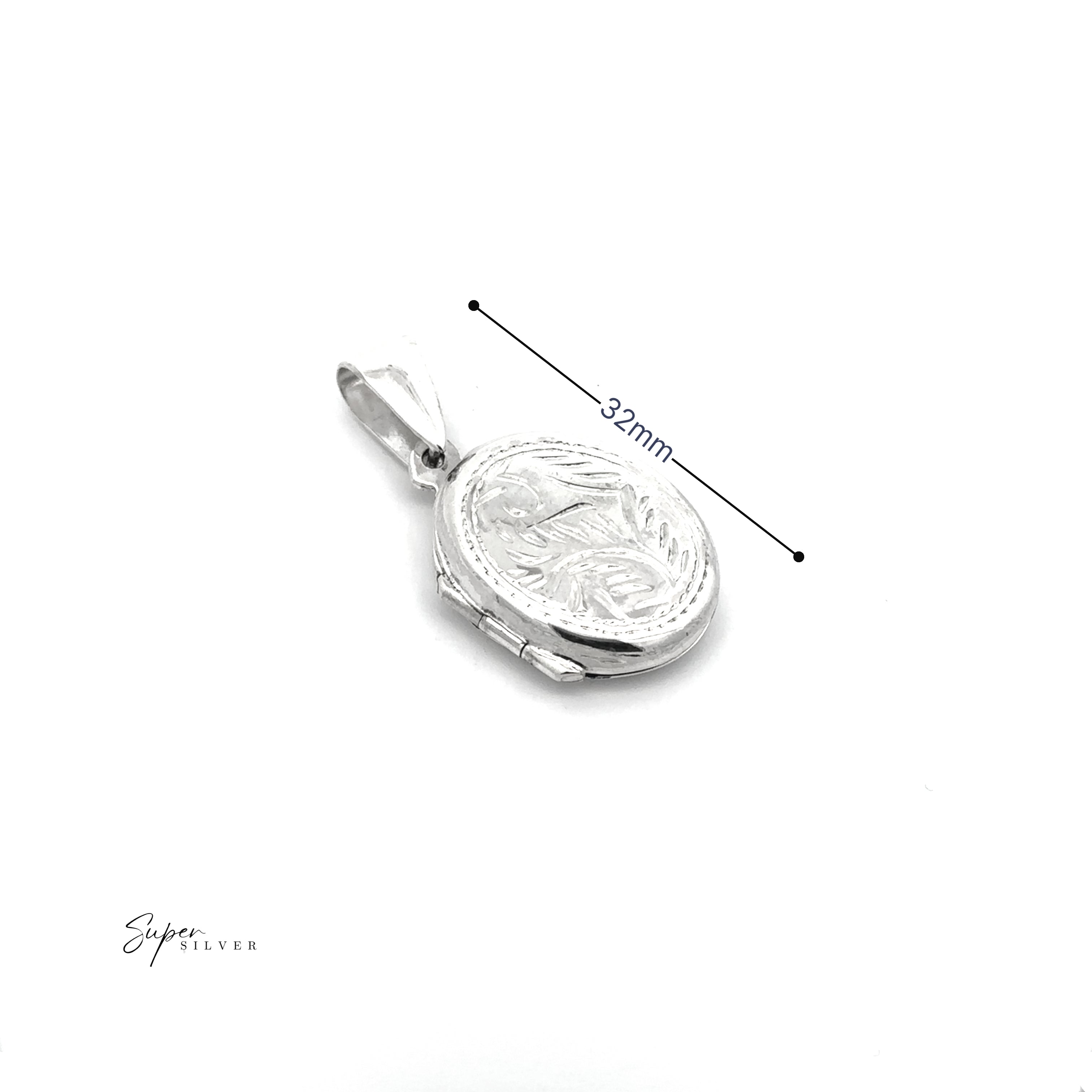 The Oval Locket with Vine Pattern is a sterling silver pendant featuring an engraved design, shown beside a 32mm scale for reference, making it a charming vintage photo keepsake against a plain white background.