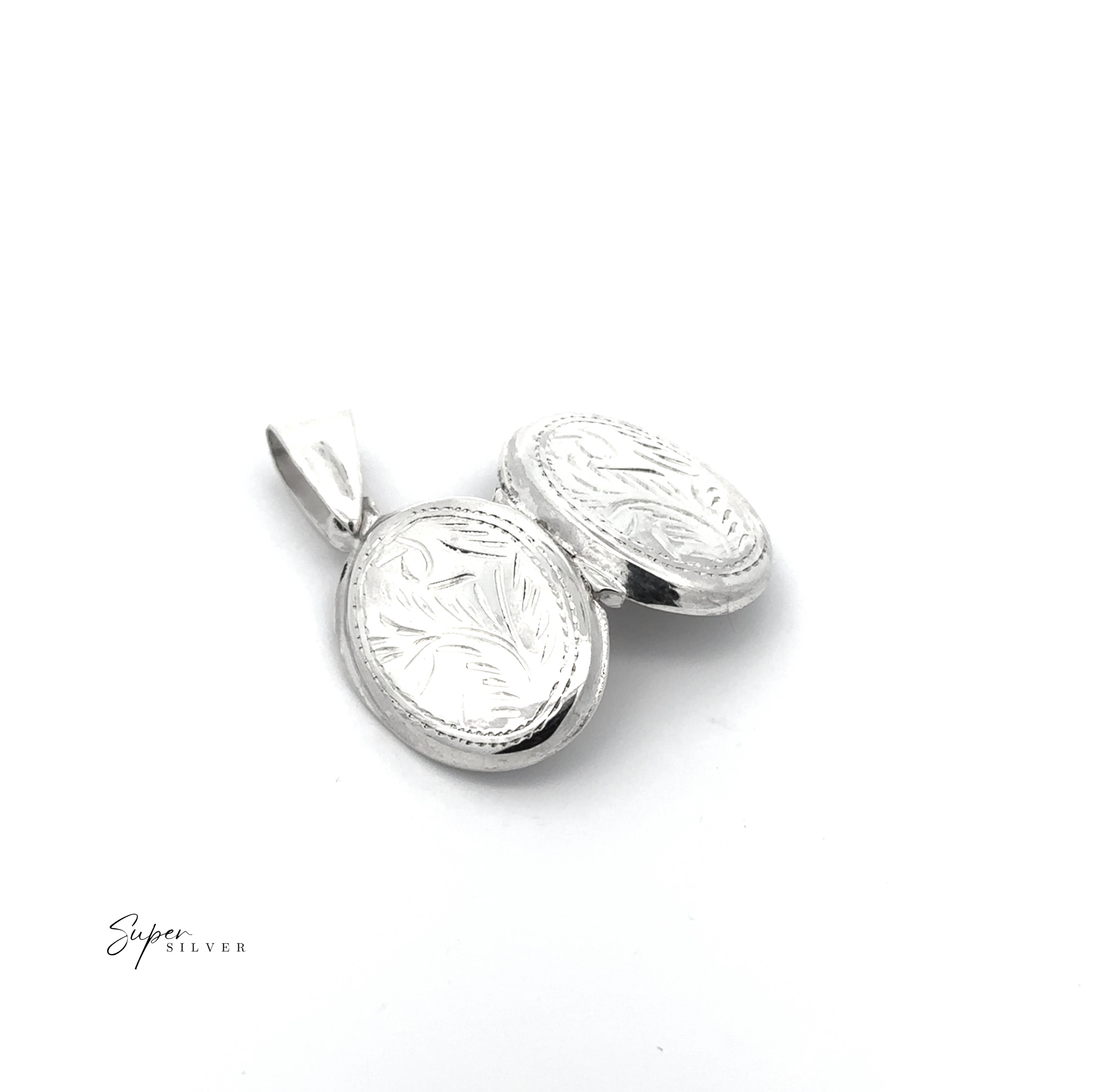 Oval Locket with Vine Pattern in sterling silver, shown slightly open on a white background. This vintage-inspired locket is perfect for treasured photos. "Super Silver" logo appears in the lower left corner.