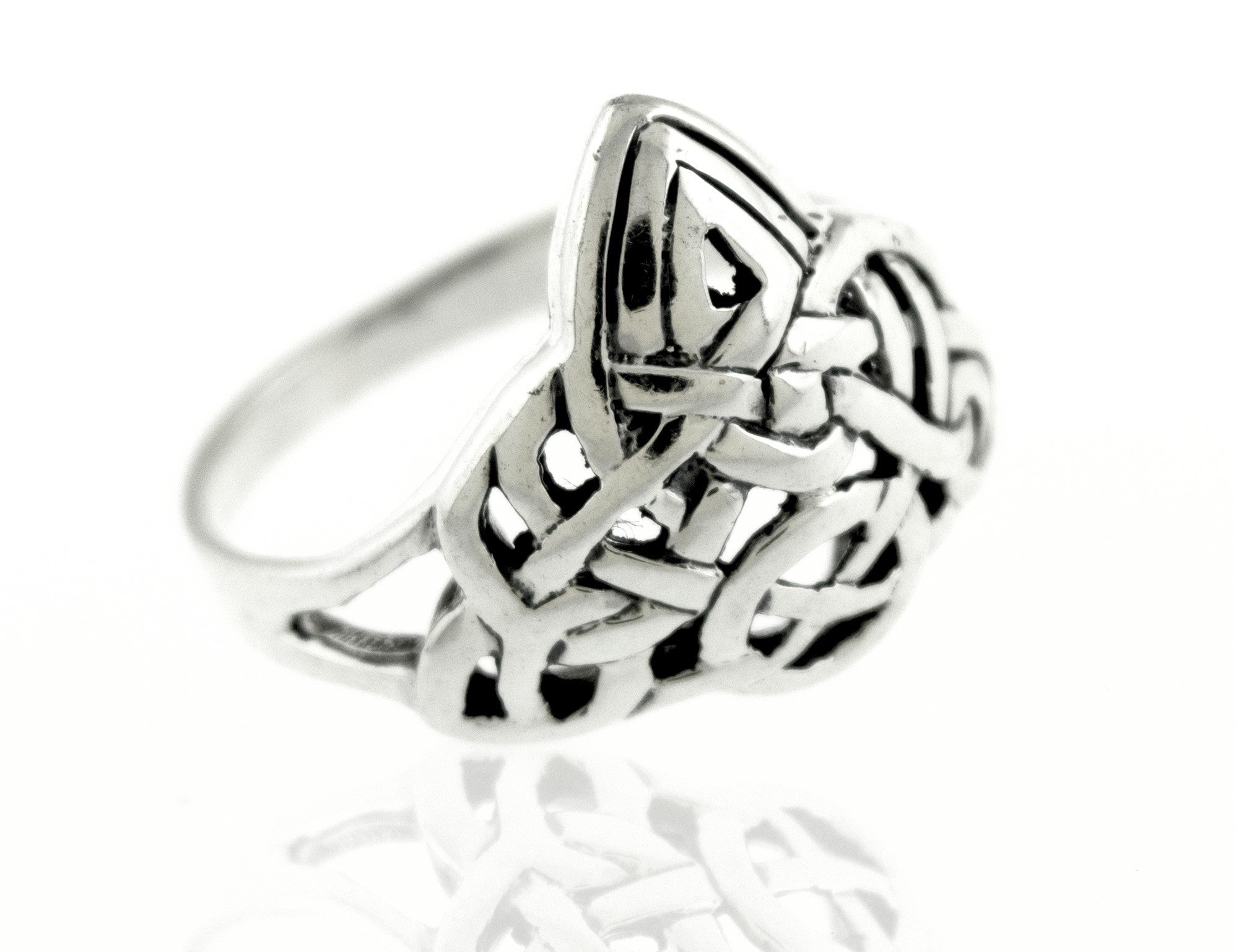 A Sterling Silver Celtic Triangle Ring with a Celtic knot design.
