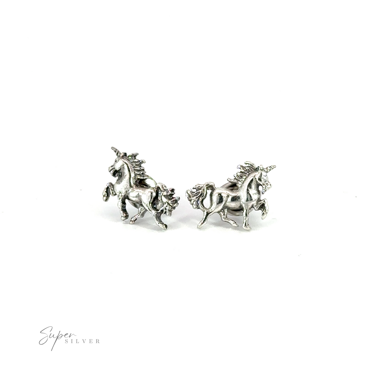 A pair of silver Unicorn Studs, showcasing these mythical creatures on a white background.