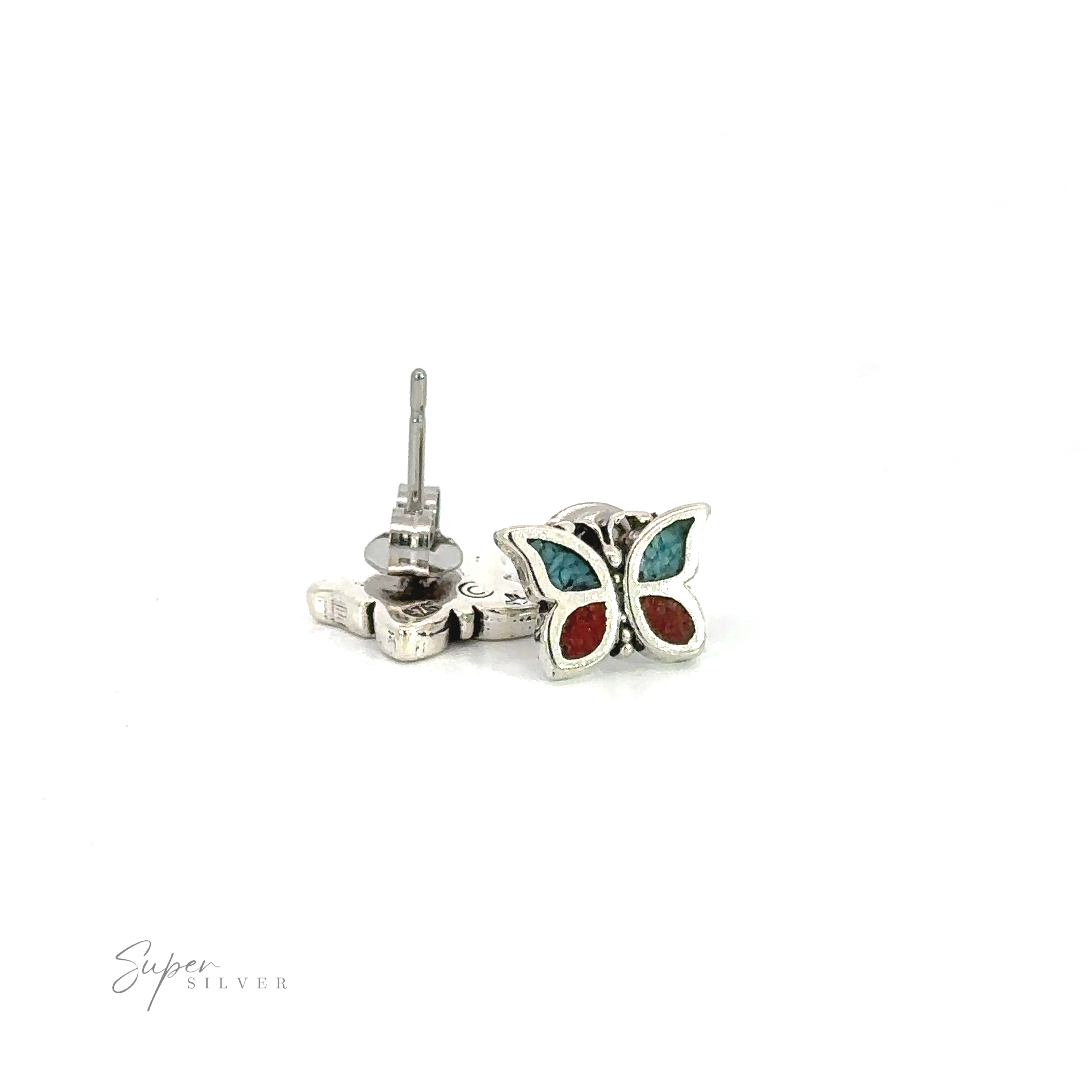 A whimsical pair of Coral and Turquoise Butterfly Studs on a white background.