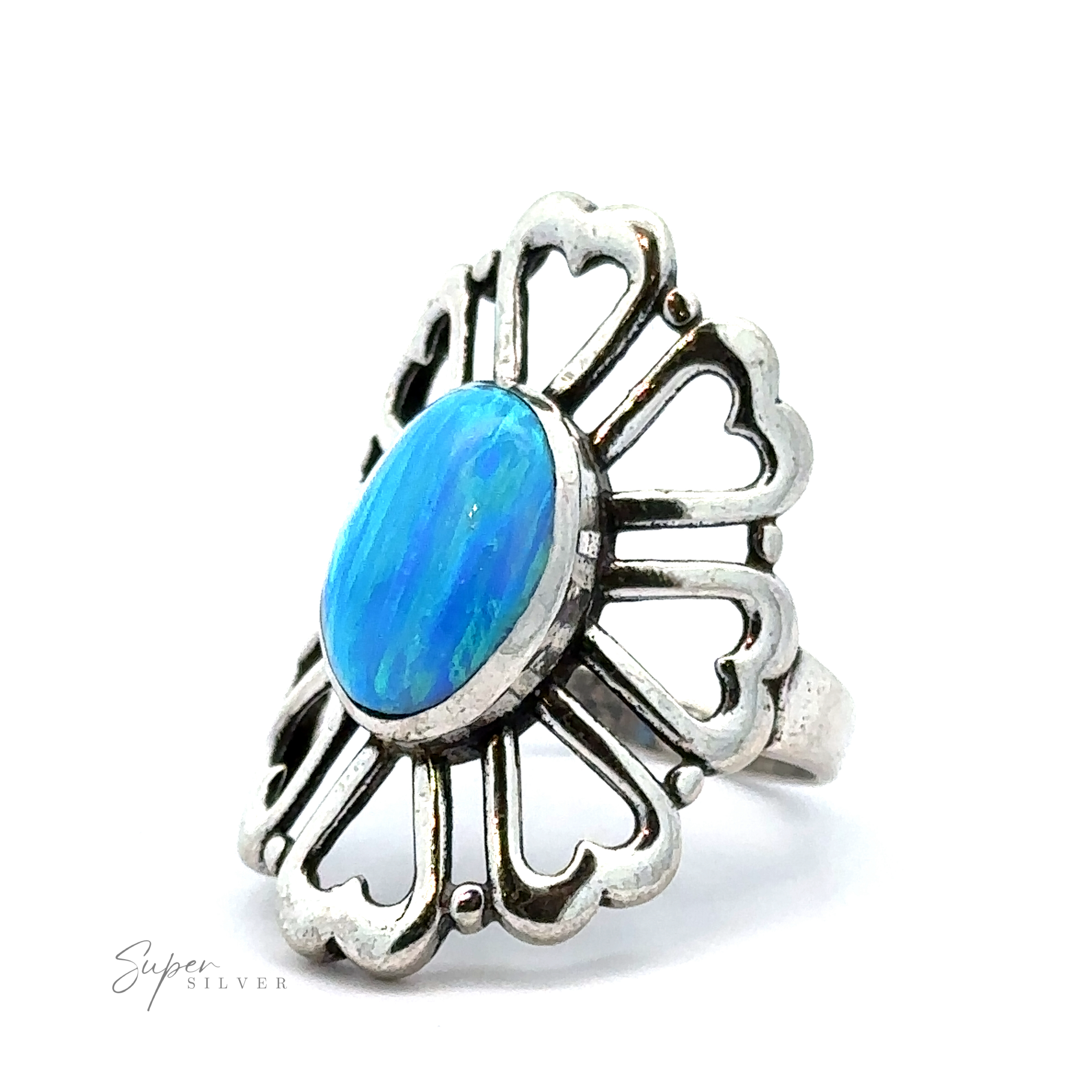 An American Made Opal Flower Ring with Heart Shaped Petals, handheld in America, it bears the text "Super Silver" in the bottom-left corner.