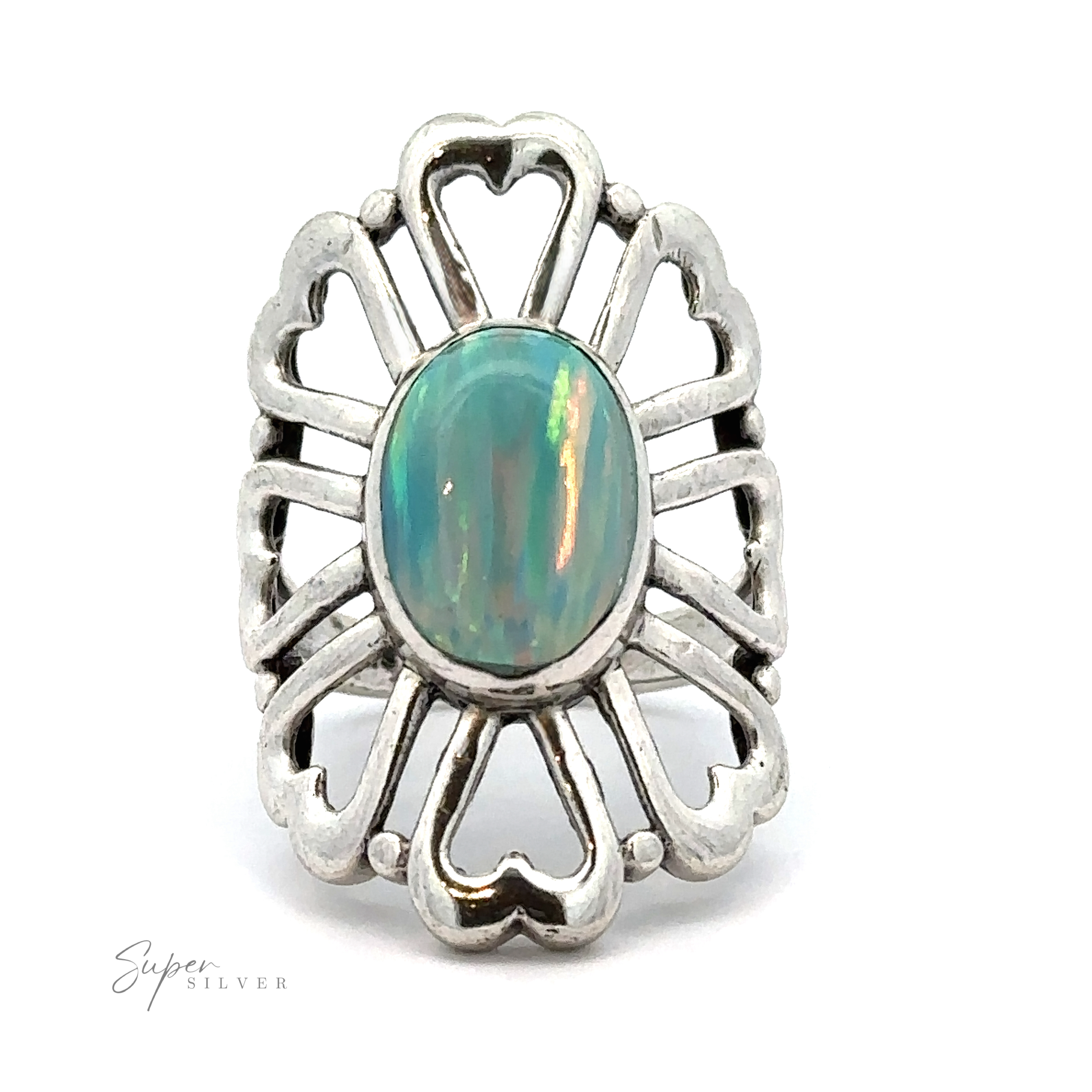 A sterling silver American Made Opal Flower Ring with Heart Shaped Petals, handcrafted in America.