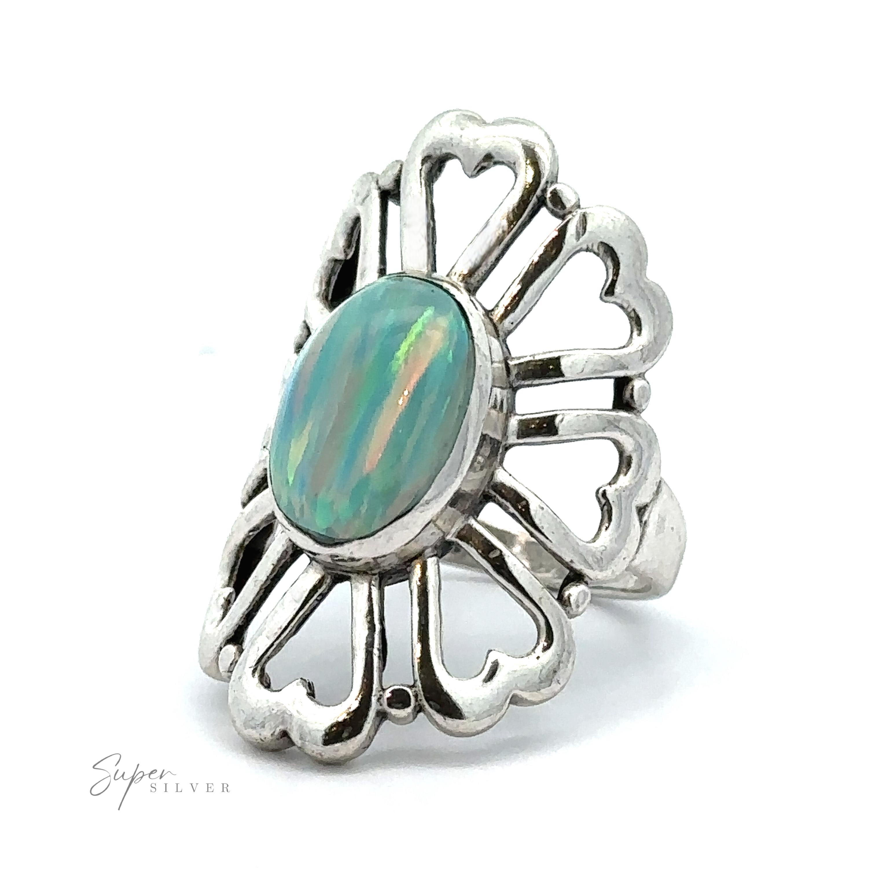 An American Made Opal Flower Ring with Heart Shaped Petals featuring an oval-shaped opal gemstone in the center, surrounded by eight heart-shaped cutouts, with "Super Silver" engraved on the bottom left. Handcrafted in America, this exquisite piece boasts an opal flower design that radiates elegance.