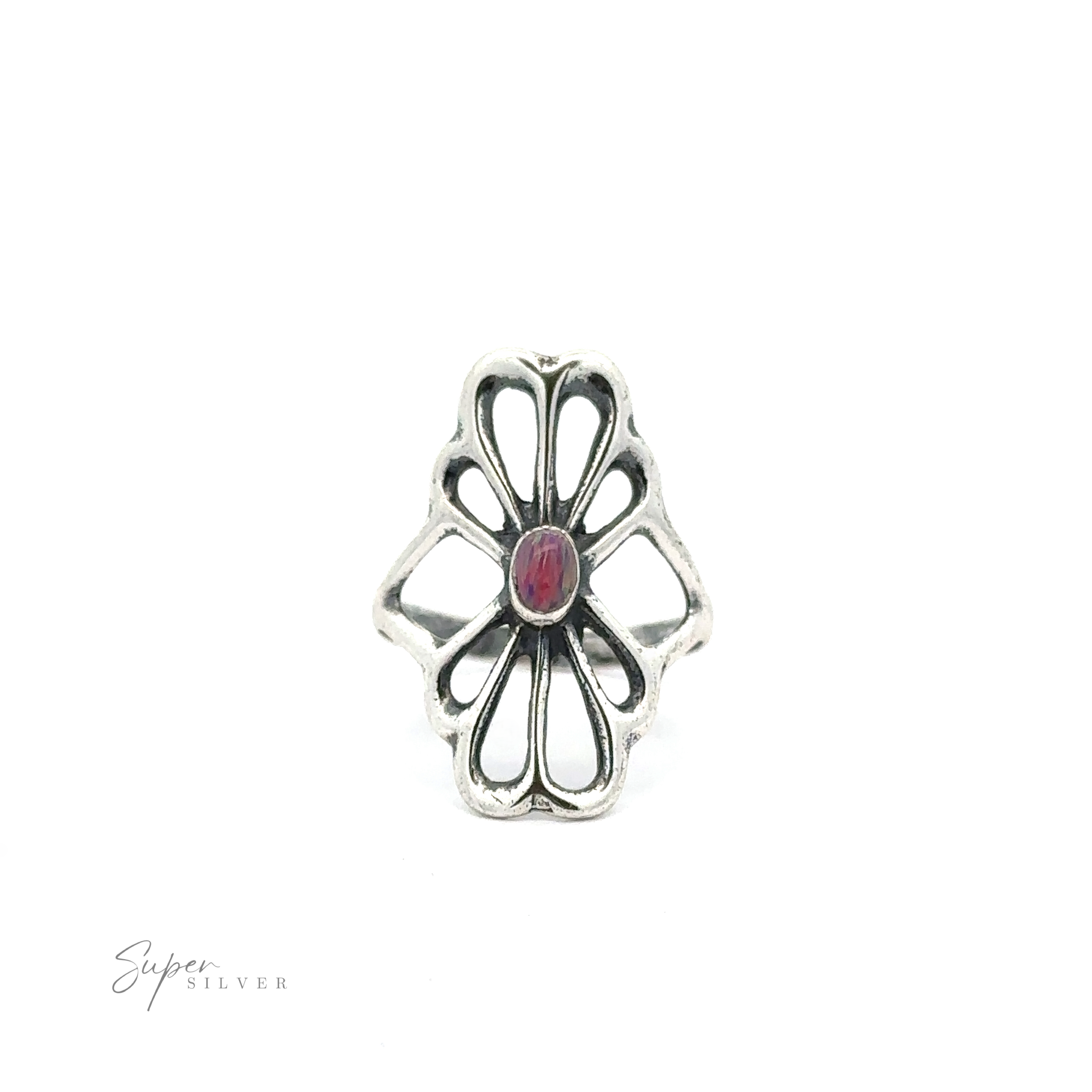 American Made Flower Ring with an openwork floral design and an oval-shaped red gemstone in the center, handcrafted in America, displayed against a white background. "Super Silver" text is visible in the bottom left corner.