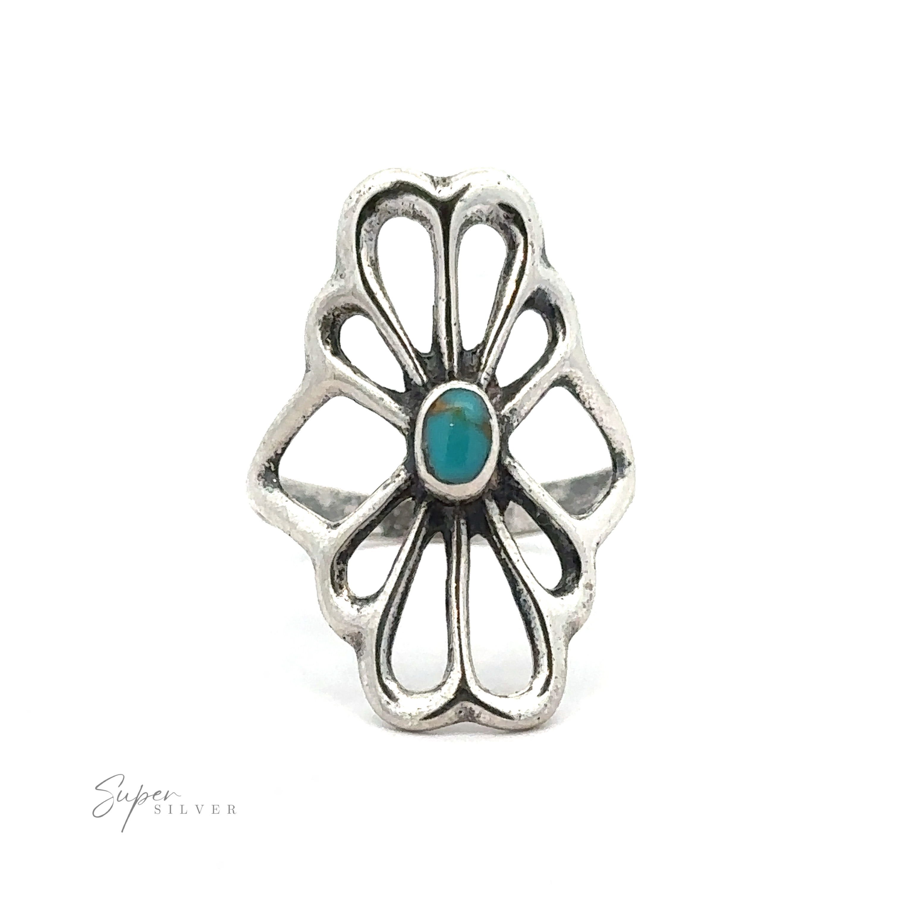 A sterling silver flower design ring featuring an ornate floral pattern with an oval turquoise stone in the center. Handcrafted in America, the brand name "American Made Flower Ring" is visible in the bottom left corner.