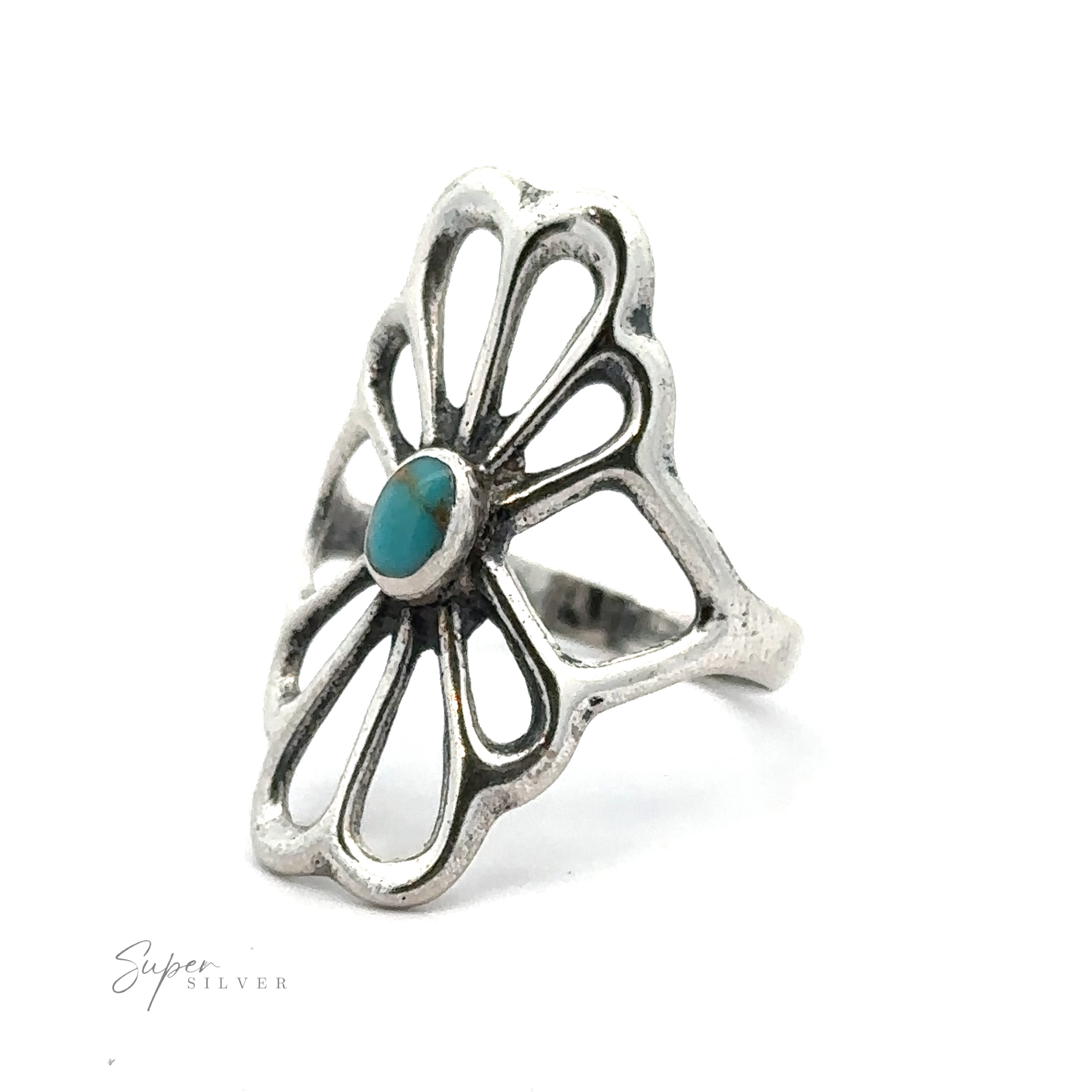 A sterling silver flower design ring with an openwork floral pattern and a small turquoise stone at the center, featuring the text "American Made Flower Ring" on the lower left corner. Handcrafted in America.