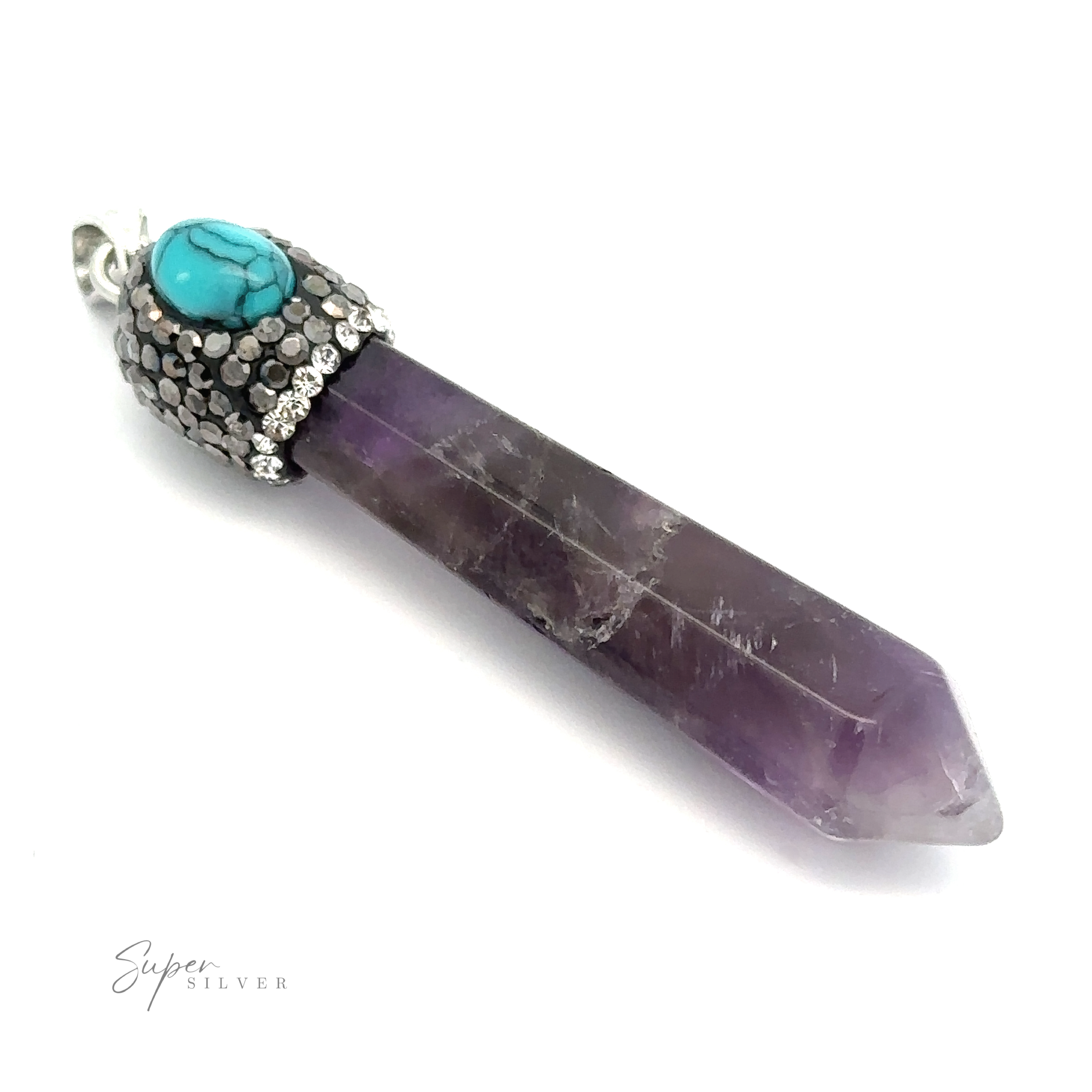 A stunning Stone Obelisk Pendant featuring a purple crystal point, adorned with a turquoise stone and small clear stones in a decorative cap at the top.