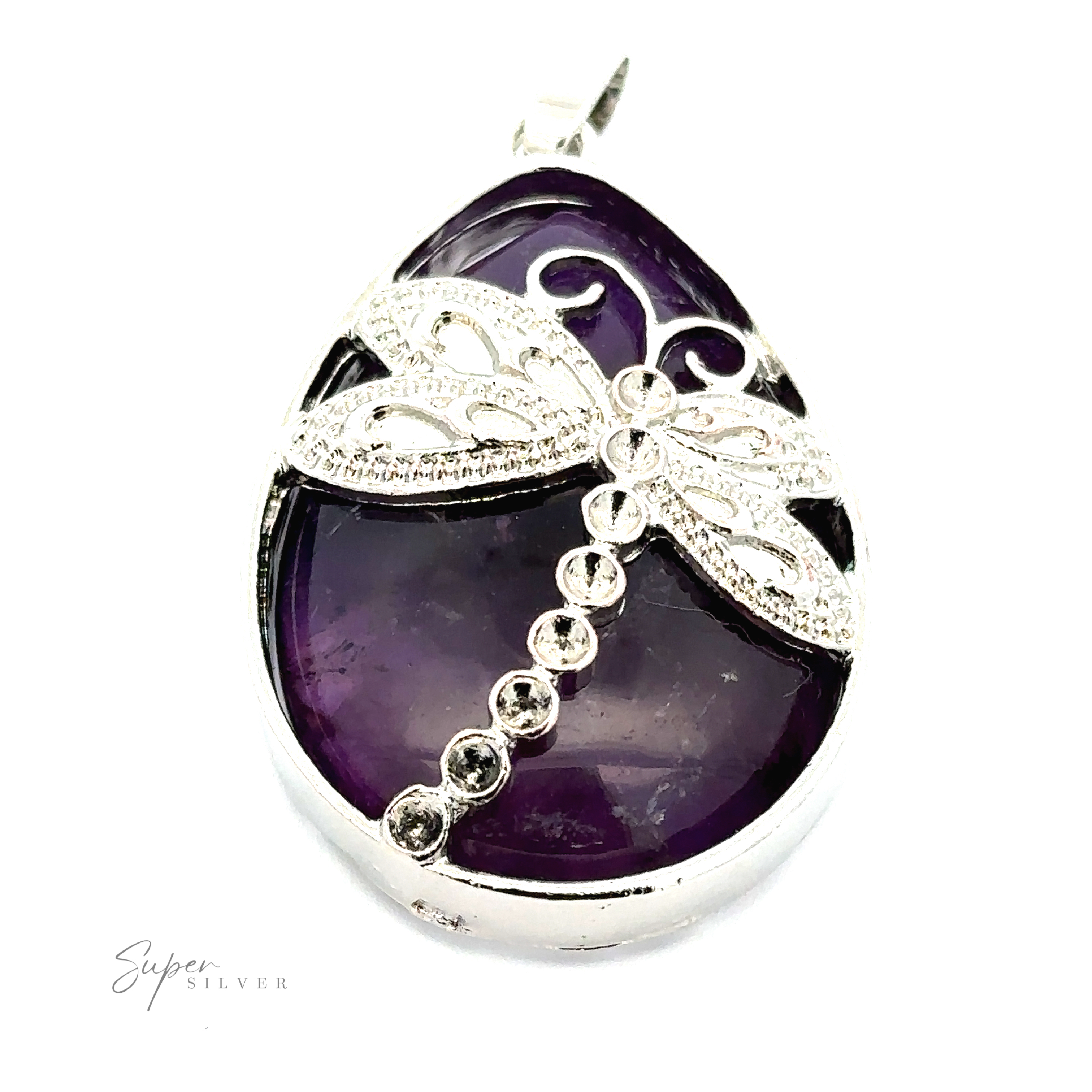 A Teardrop Stone pendant with Dragonfly with intricate detailing is set against a teardrop-shaped Amethyst gemstone. The pendant is branded "Super Silver".