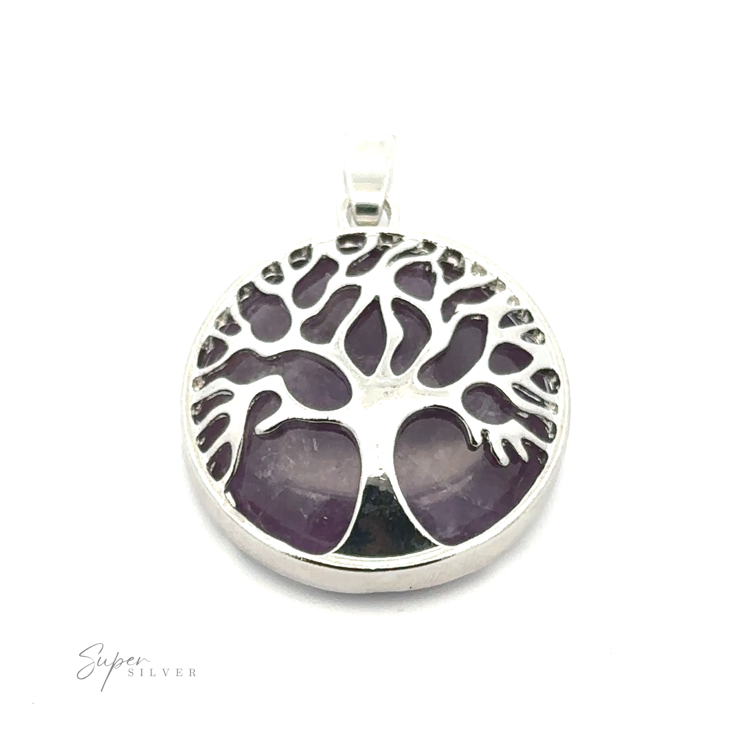 A Tree of Life Pendant featuring a round silver-plated design with a purple gemstone background. The lower section has the brand name "Super Silver" in small letters.