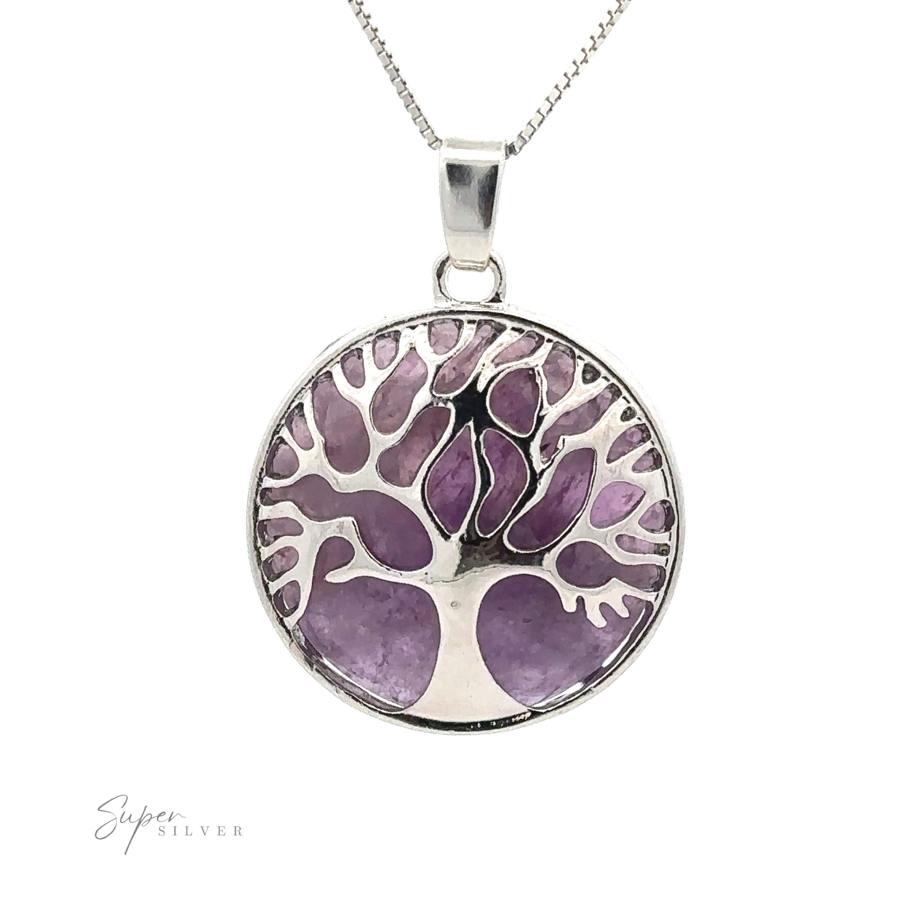 Tree of Life Pendant with a round Tree of Life pendant featuring a tree design overlaid on a purple background. The silver plated pendant is attached to a fine chain, with the text "Super Silver" visible on the lower left.