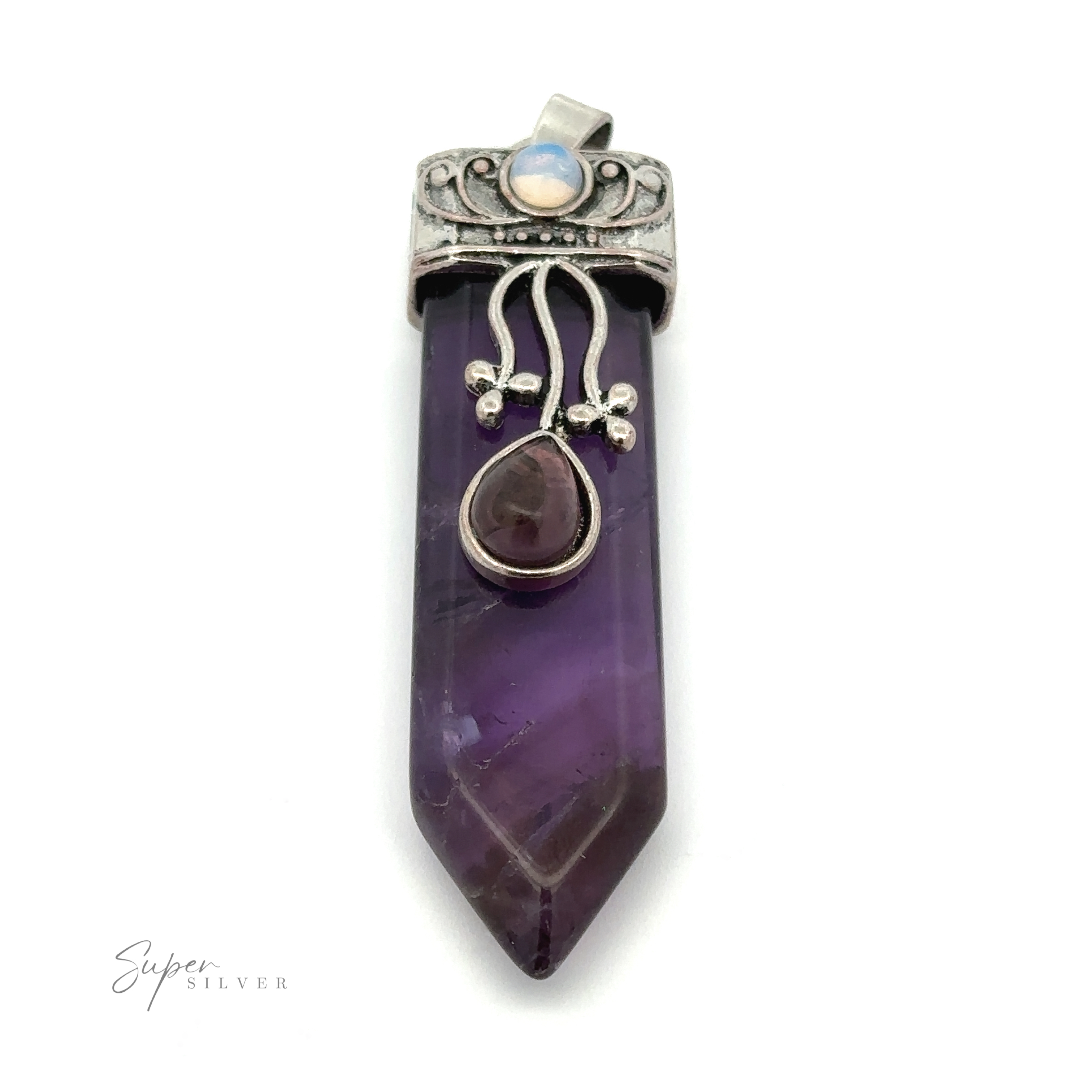 A Obelisk Crystal Stone Pendant with a decorative silver cap featuring an opal bezel and boho crystal stone design elements hangs against a white background.