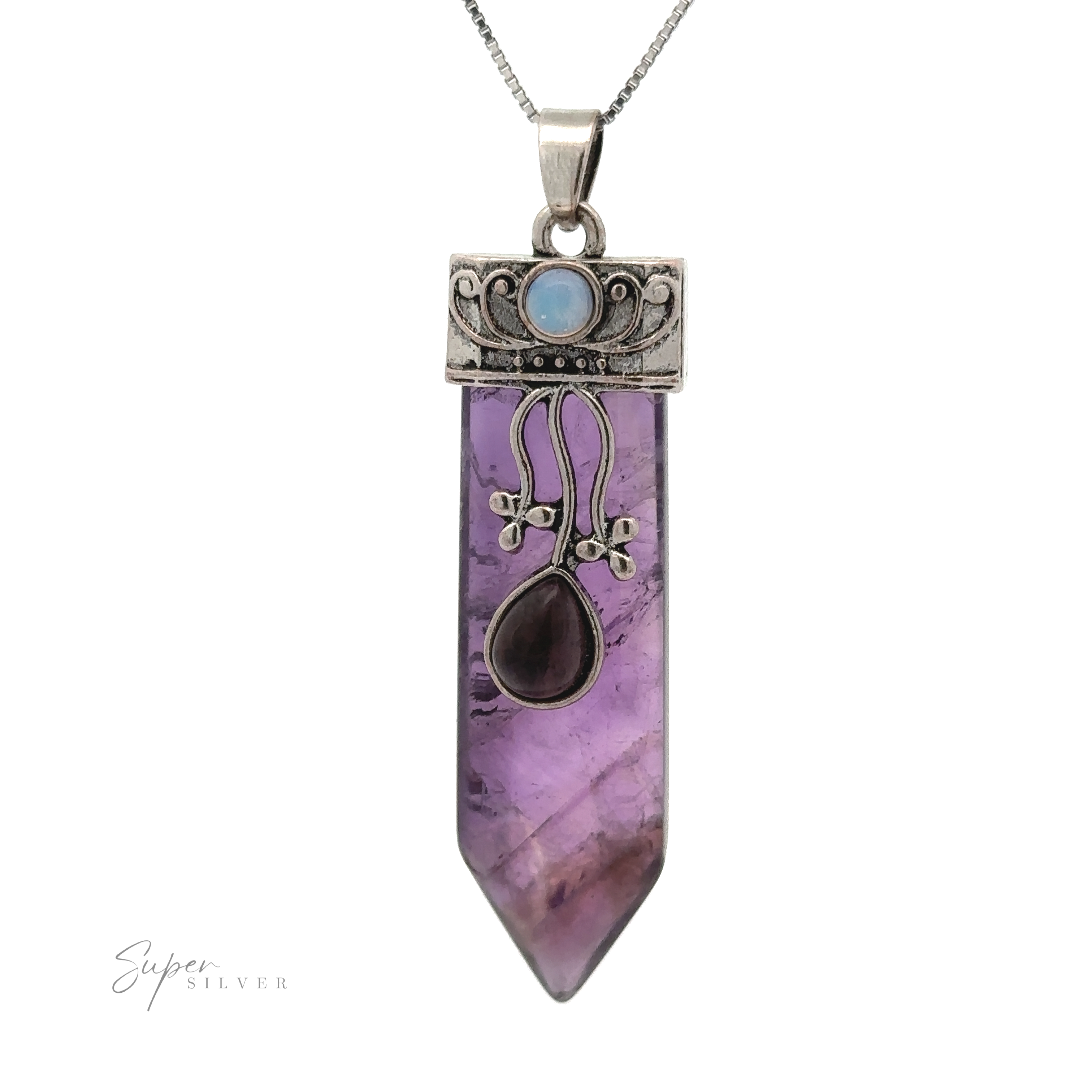 A silver pendant features a purple amethyst stone with a dark teardrop gem and floral embellishments on the metal setting, hanging from a silver chain. The logo "Super Silver" is visible in the bottom left corner, adding a touch of elegance to this Obelisk Crystal Stone Pendant.