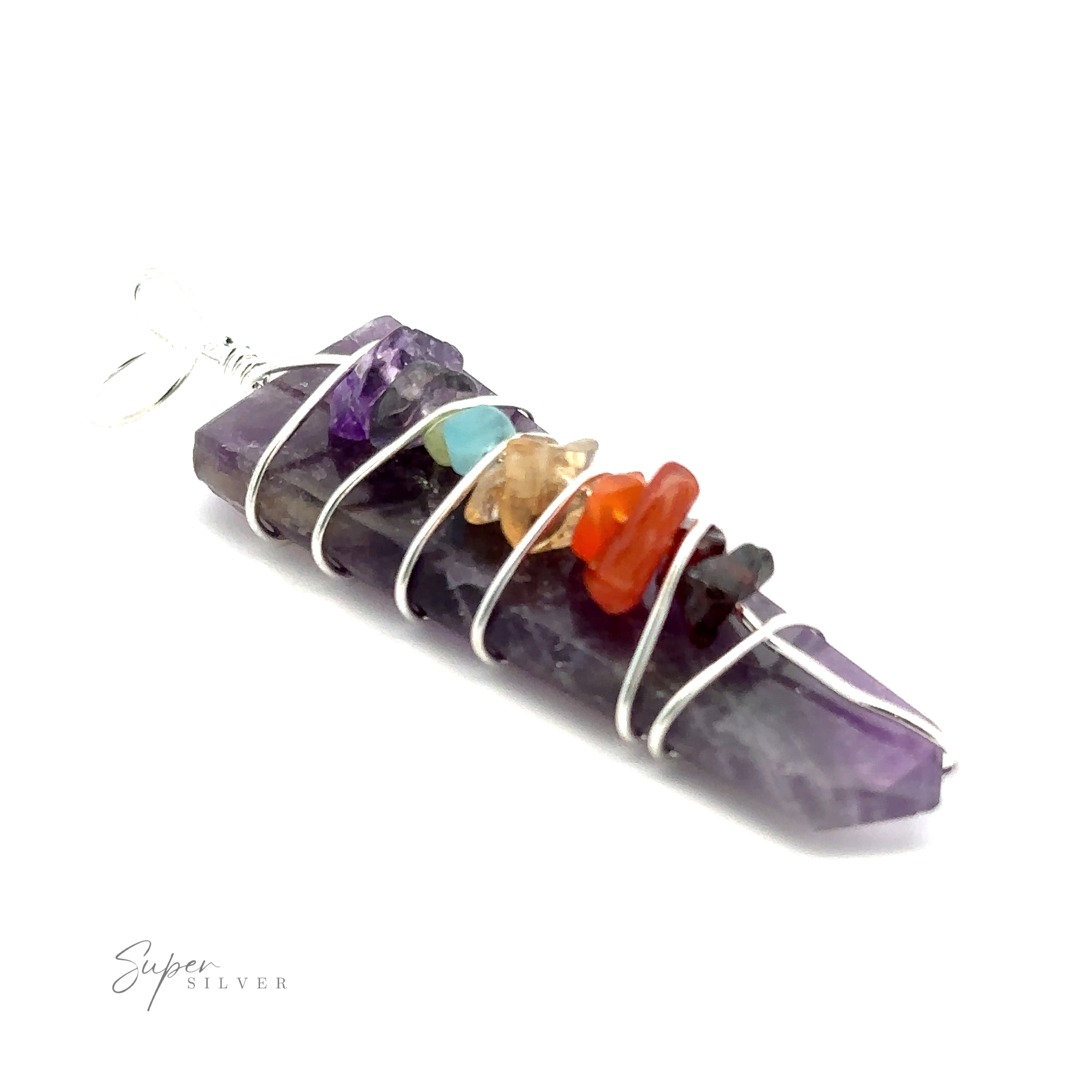 A Stone Slab Wire-Wrapped Chakra Pendant wrapped in silver wire with small colorful chakra stones embedded along the side. The image features the Super Silver watermark.