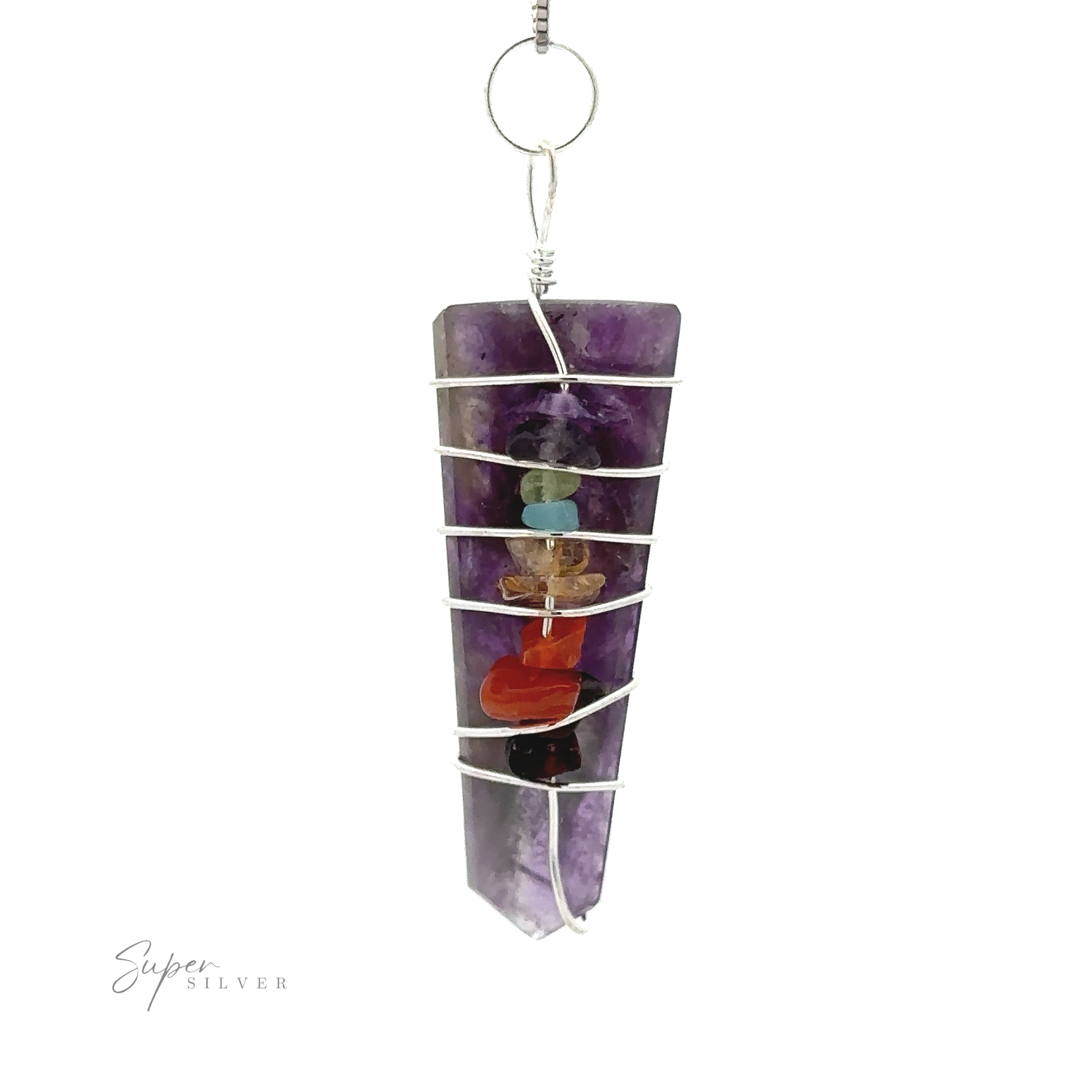 A Stone Slab Wire-Wrapped Chakra Pendant wrapped in silver wire, adorned with multiple smaller chakra stones embedded along its length, featuring a loop at the top for hanging.