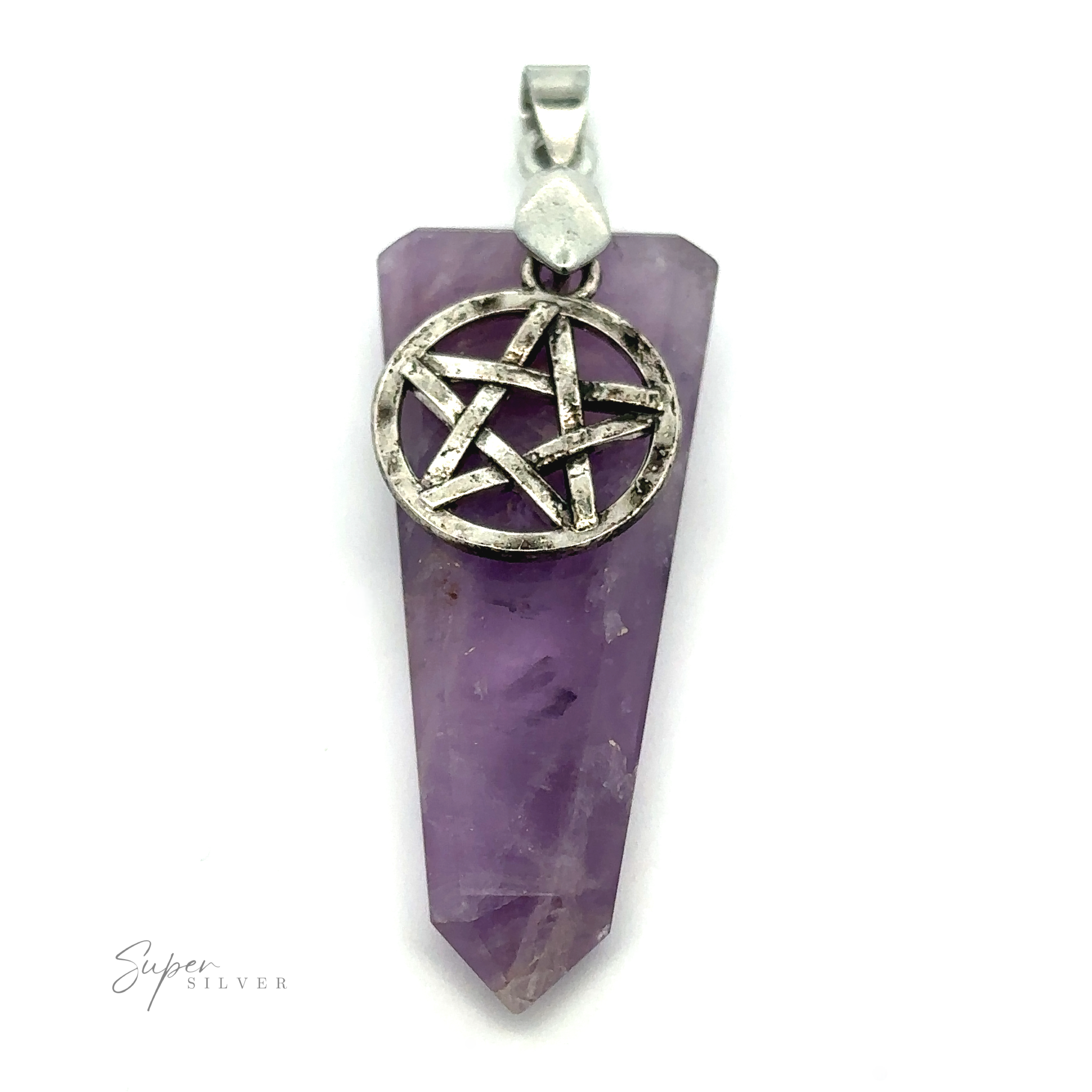 A Pentagram Stone Slab Pendant with a mixed metals pentagram charm at the top and a small loop for attaching a chain or cord.