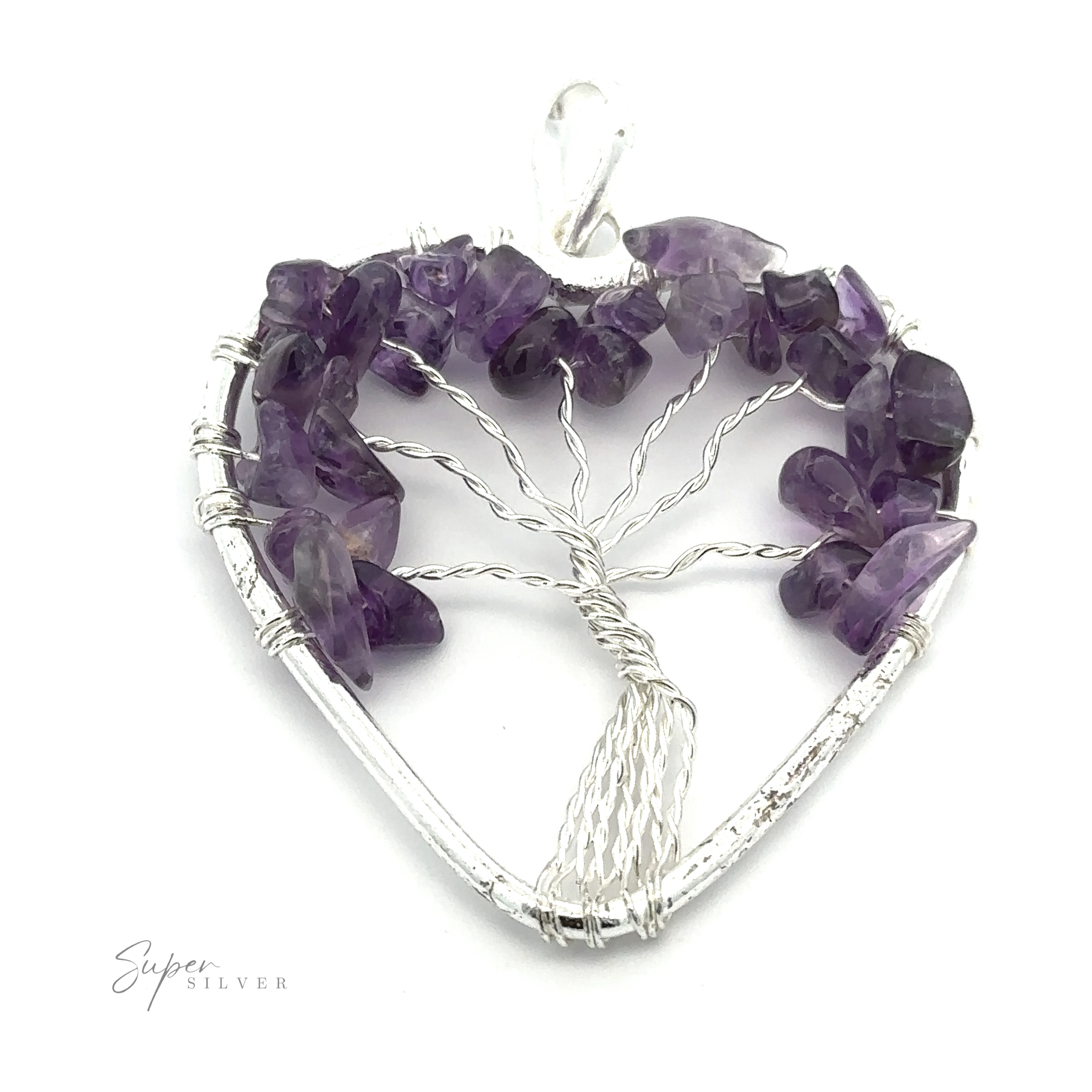 Heart Shaped Tree of Life Pendant with raw amethyst stone beads forming the leaves, arranged in a heart-shaped frame. The background is plain white.