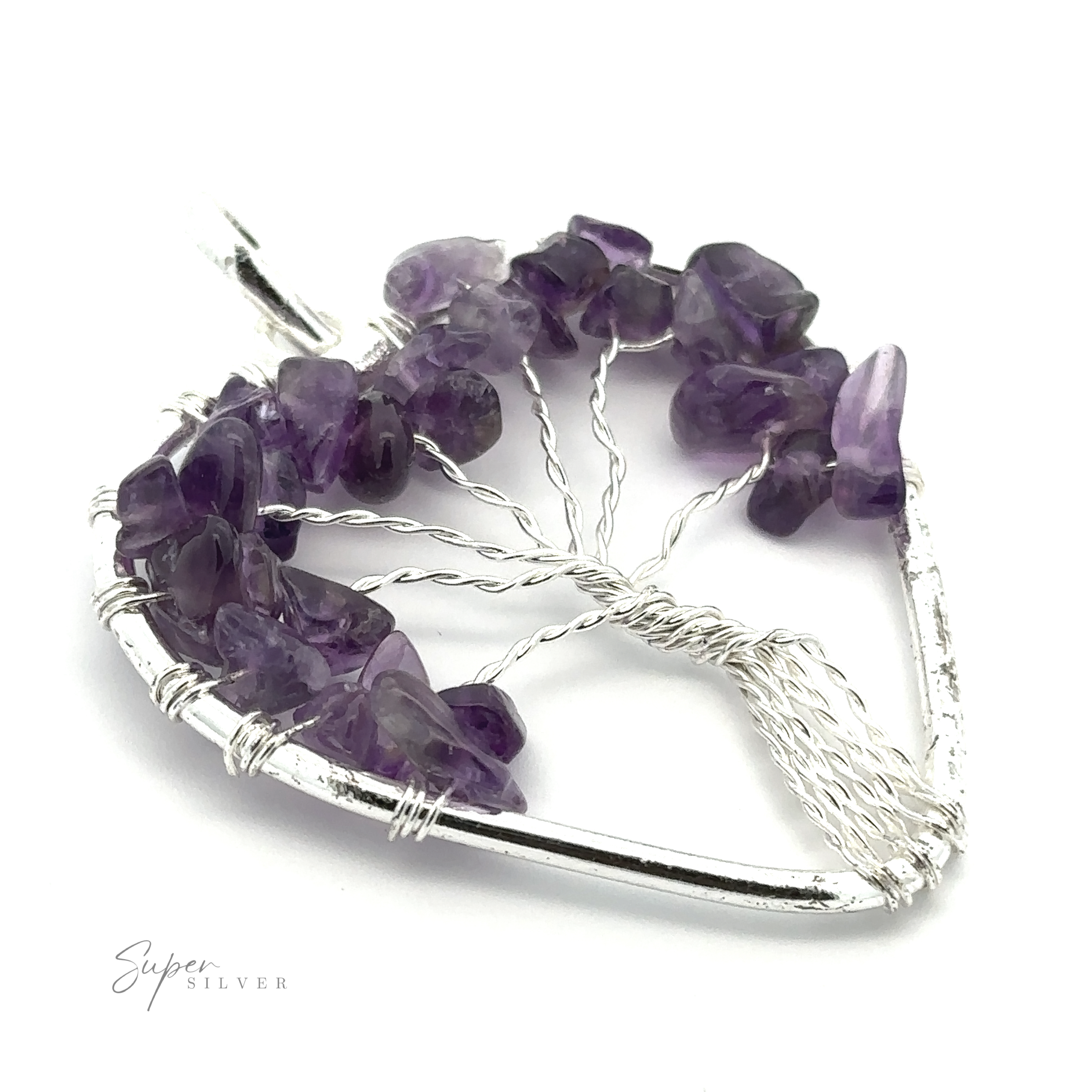 A Heart Shaped Tree of Life Pendant, adorned with small amethyst stones, displayed against a white background. The brand name "Super Silver" is visible in the bottom left corner.