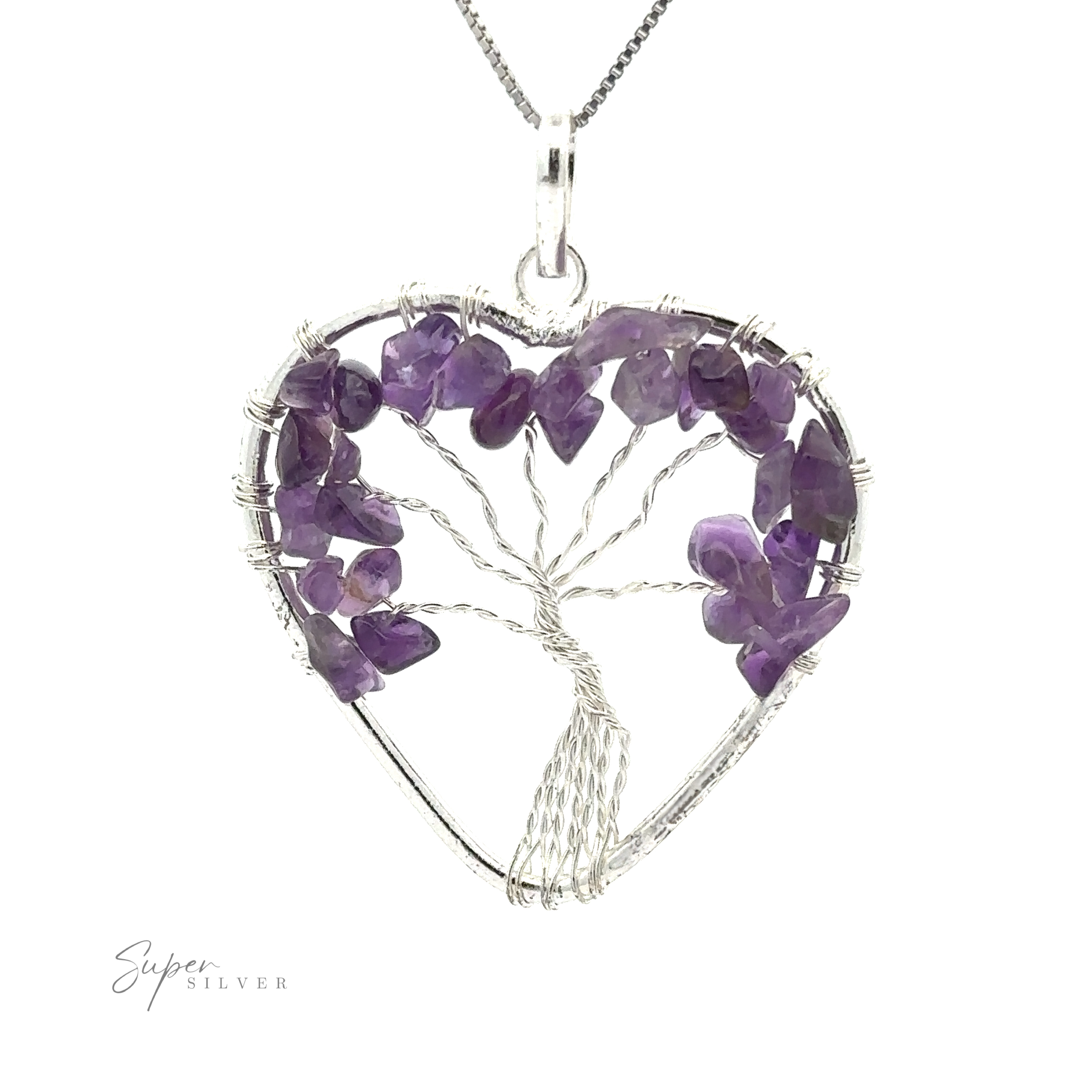 Heart Shaped Tree of Life Pendant featuring a wire wrapped tree of life design adorned with small purple gemstones.
