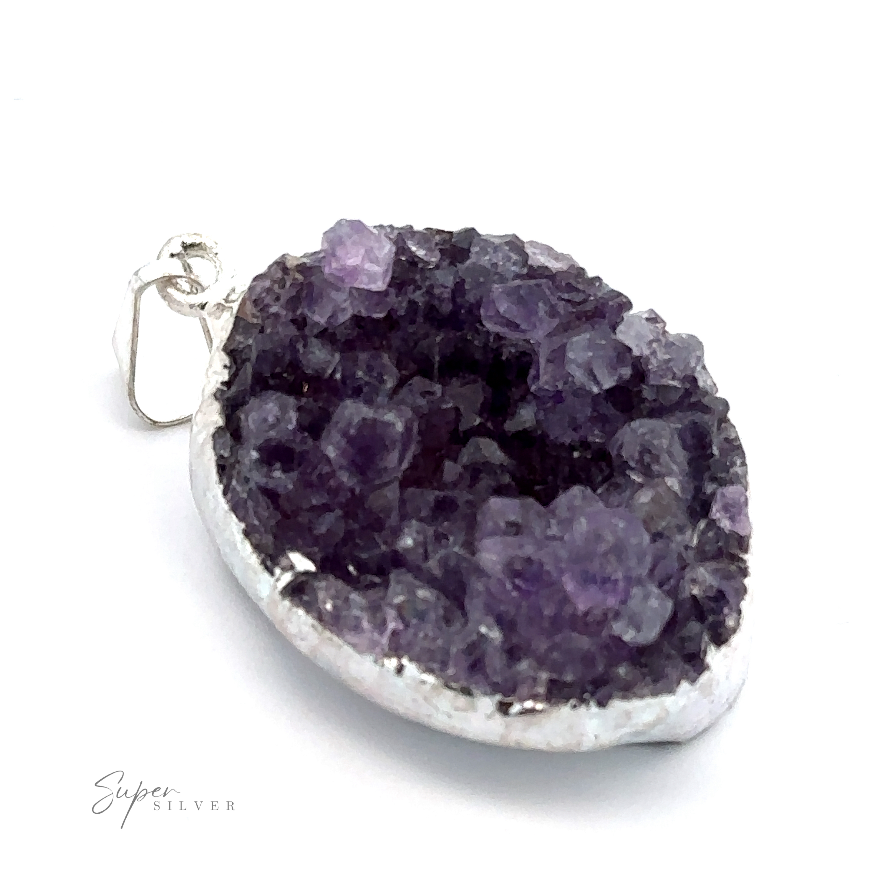 A crystal cluster pendant with deep purple and light lavender hues, set in a silver-plated casing, with a small loop for attachment. Marked with "Super Silver" branding in the bottom left corner, this Amethyst Geode Pendant is perfect for any occasion.