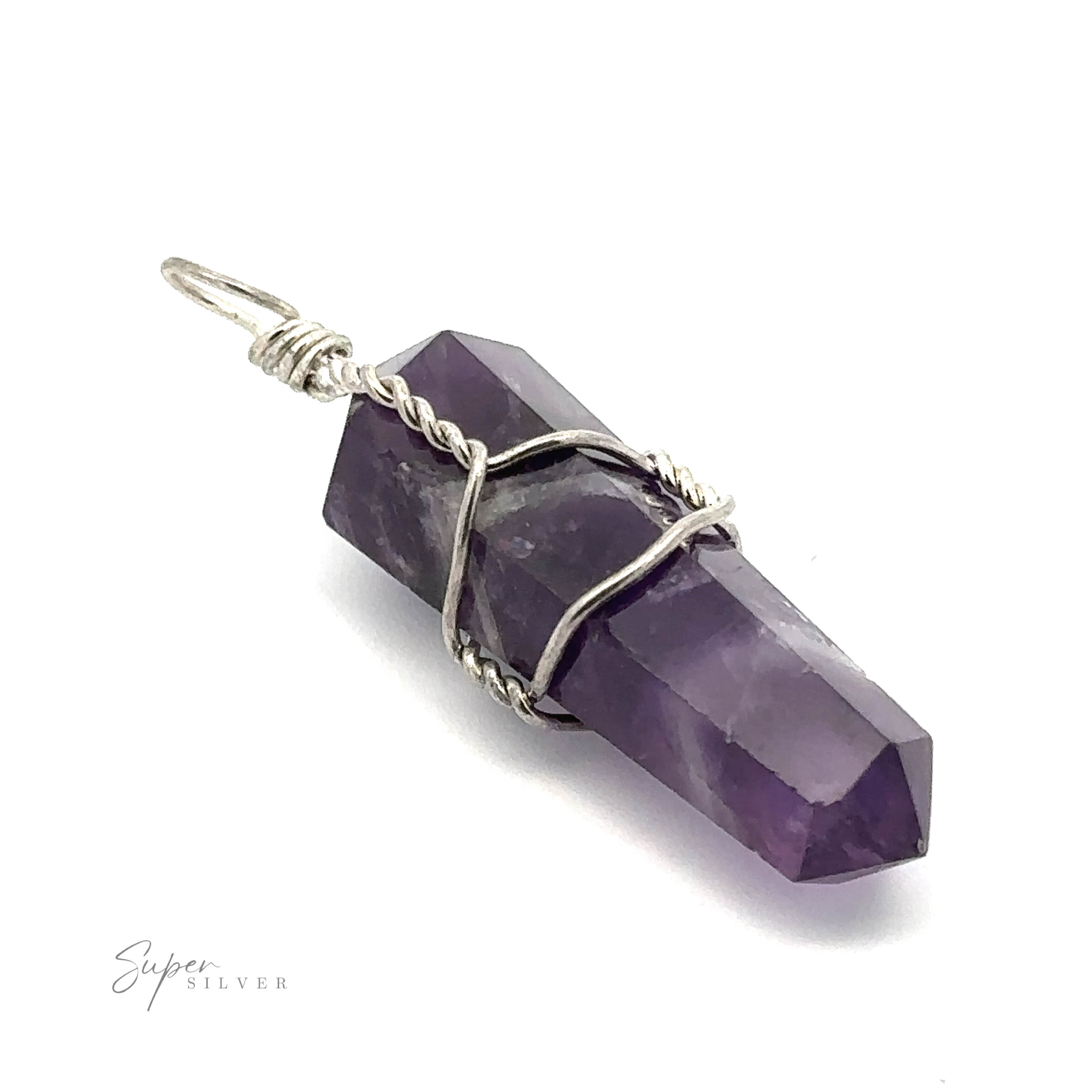 A Wire-Wrapped Stone Pendant wrapped in silver wire with a loop at the top, positioned against a white background. The words "Super Silver" are in the bottom left corner.