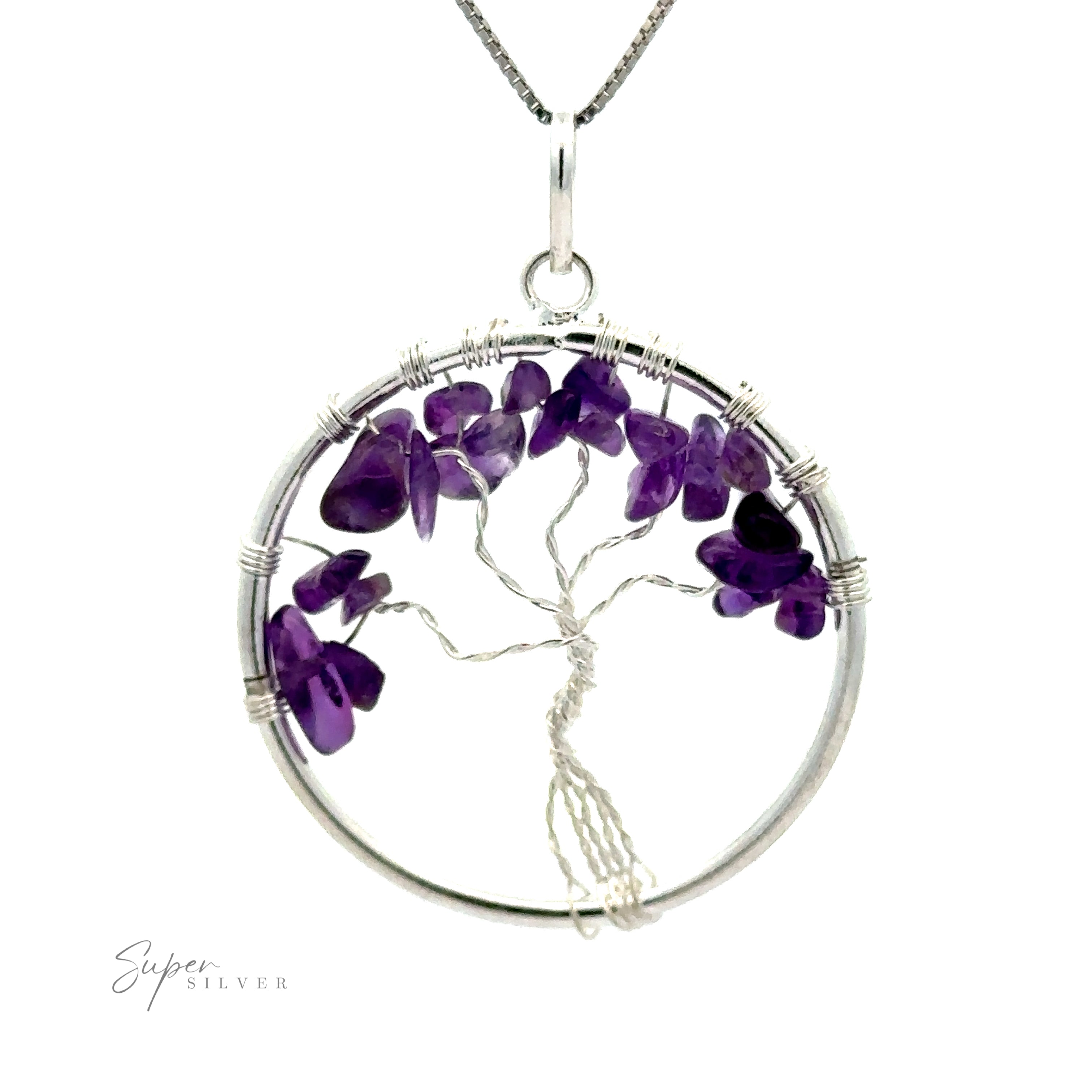 A Wire Wrapped Tree of Life Pendant with Stones, beautifully wire wrapped and adorned with small purple gemstone chips, hangs gracefully from a silver chain.