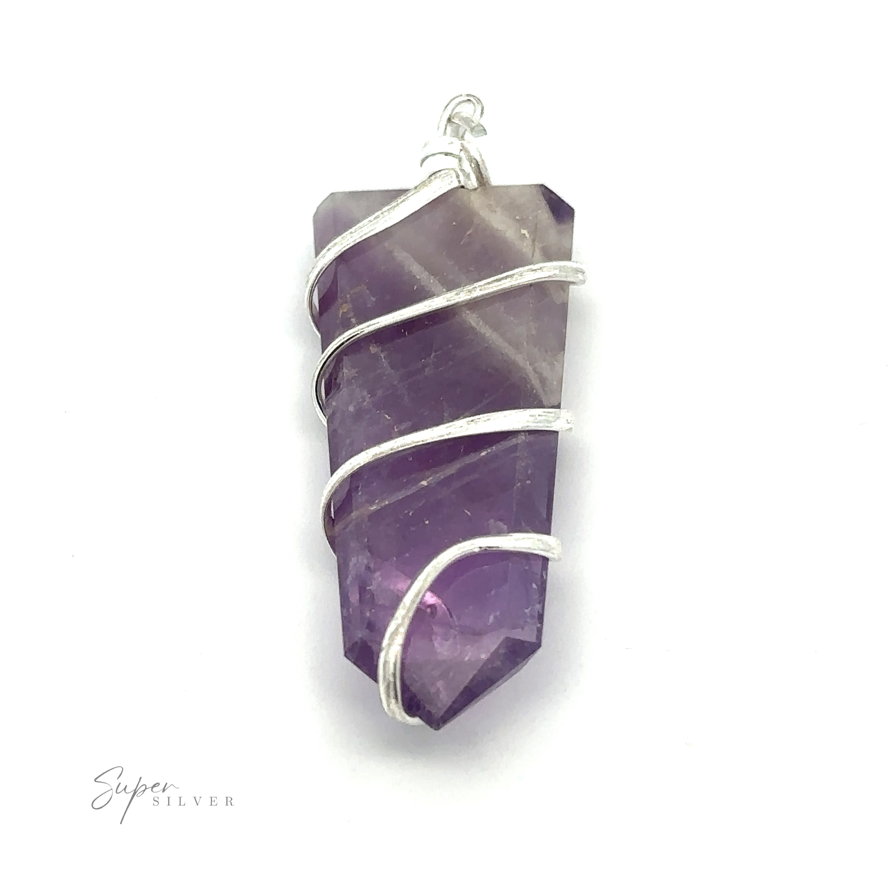 A small purple Wire Wrapped Slab Pendant with intricate silver wire wrapping, perfect for those who appreciate fine gemstone jewelry.